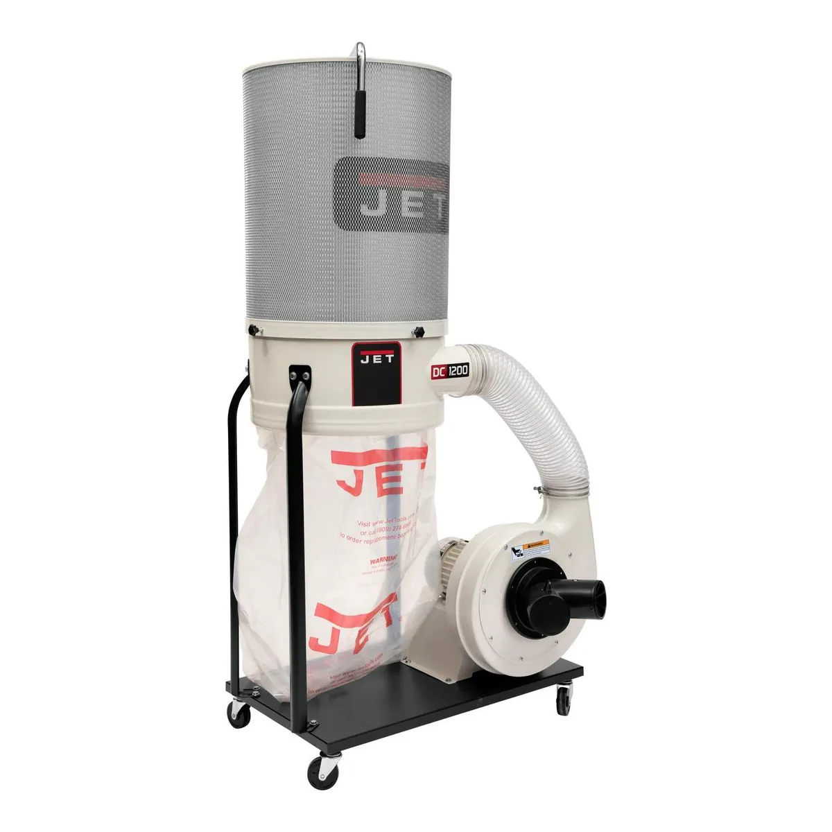 JET DC-1200VX-CK1 vortex cone dust collector with a 2 micron canister filter and a cloth collection bag on a mobile base