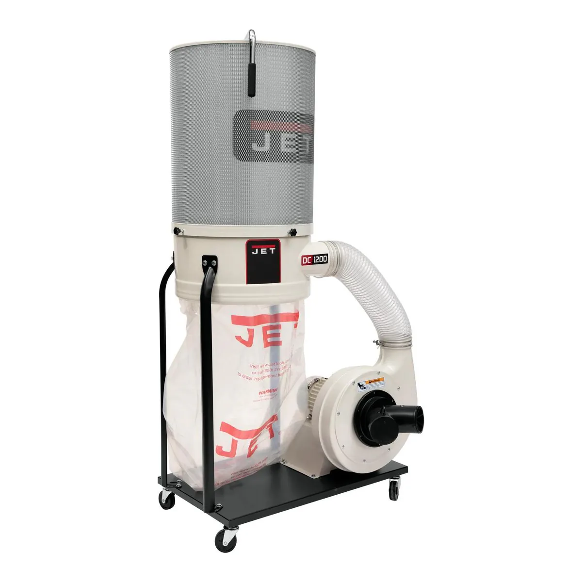 JET DC-1200VX-CK3 vortex cone dust collector with a 2 micron canister filter and a cloth collection bag on a mobile base