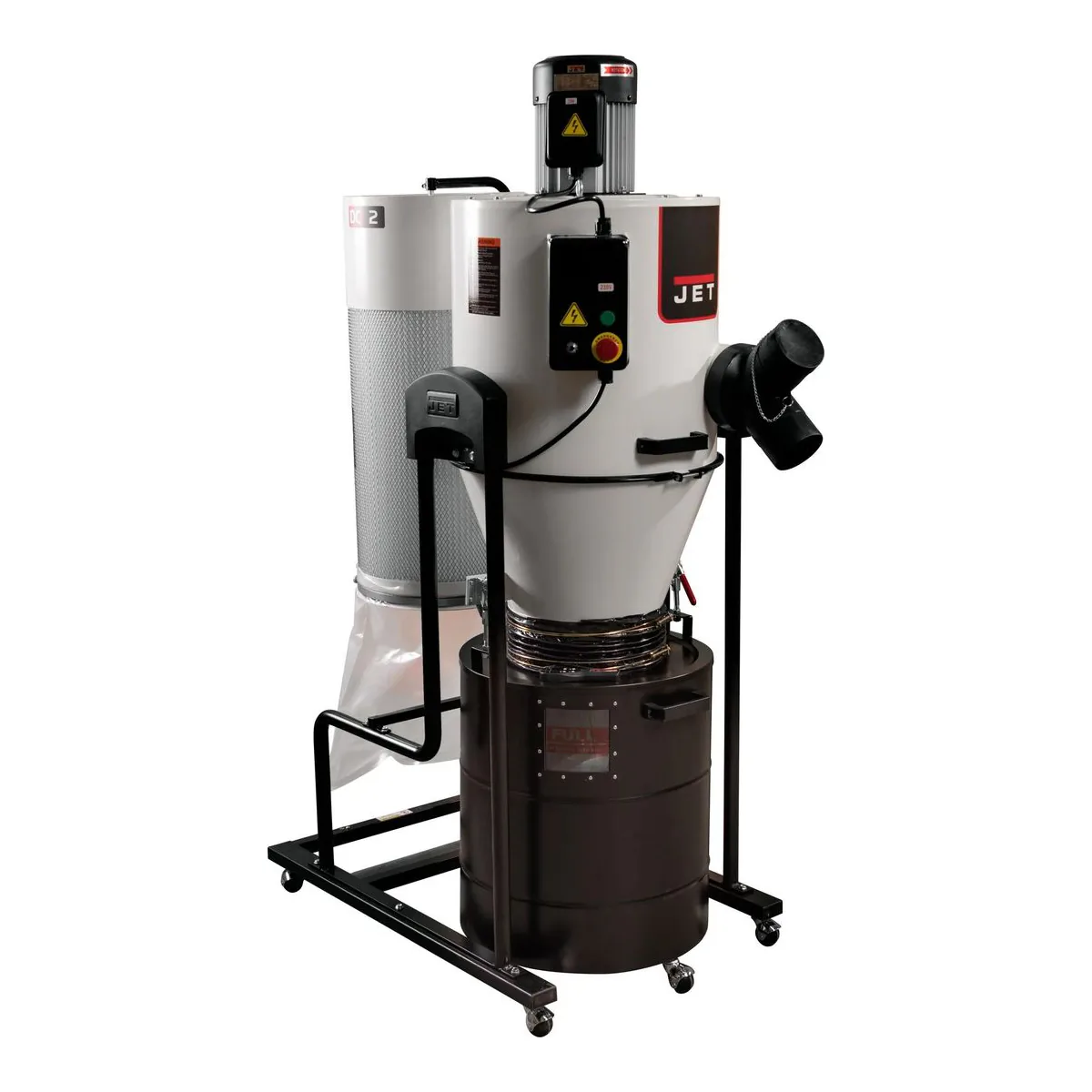 JET JCDC-2 2 HP cyclone dust collector with an angled inlet port and a collection drum