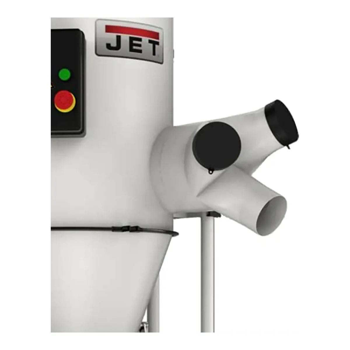 JET JCDC-3 cyclone dust collector intake manifold with three 4 inch ports, two of them capped, beside the green start and red stop controls