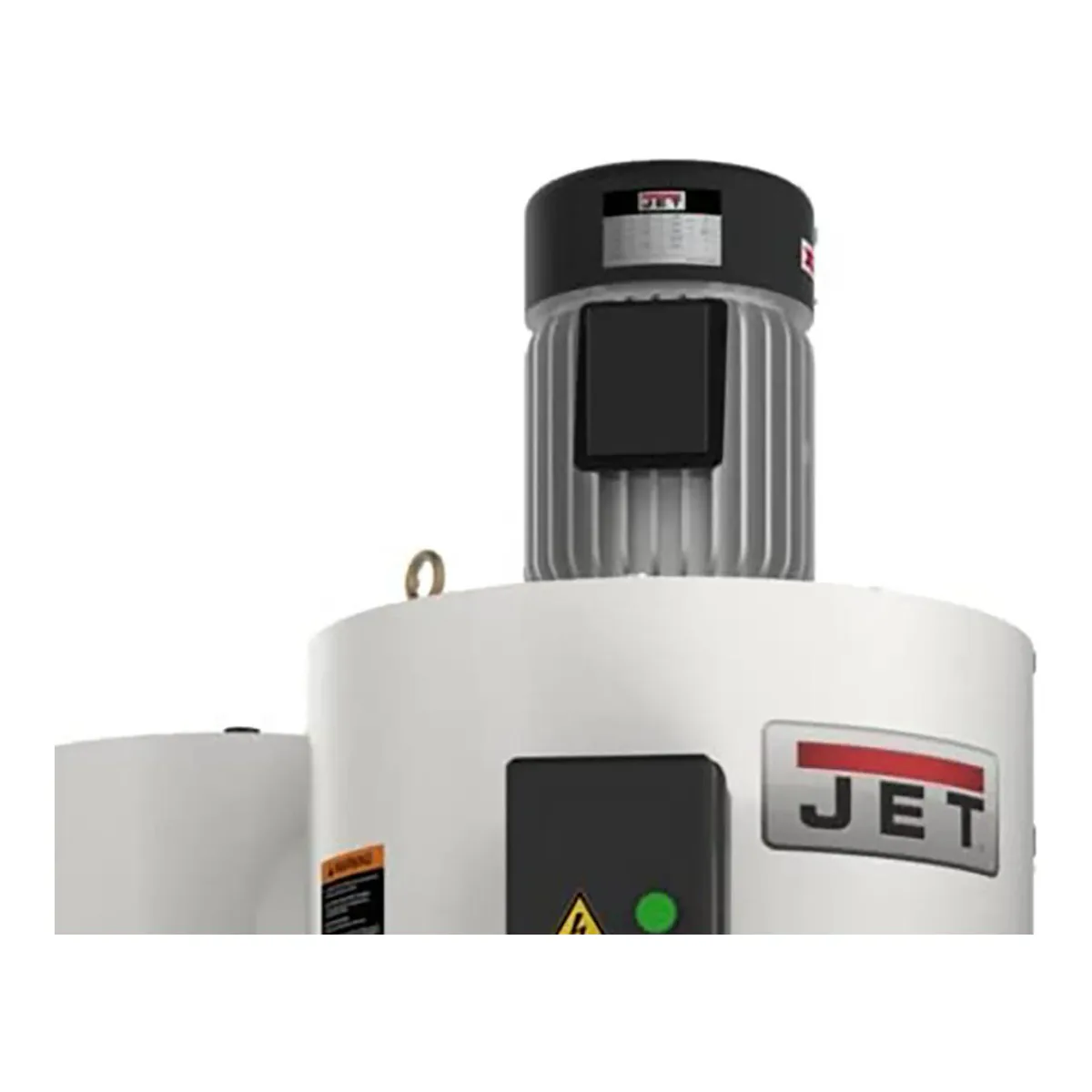 JET JCDC-3 3 HP motor mounted on top of the cyclone blower housing, with the JET nameplate and the start button below it