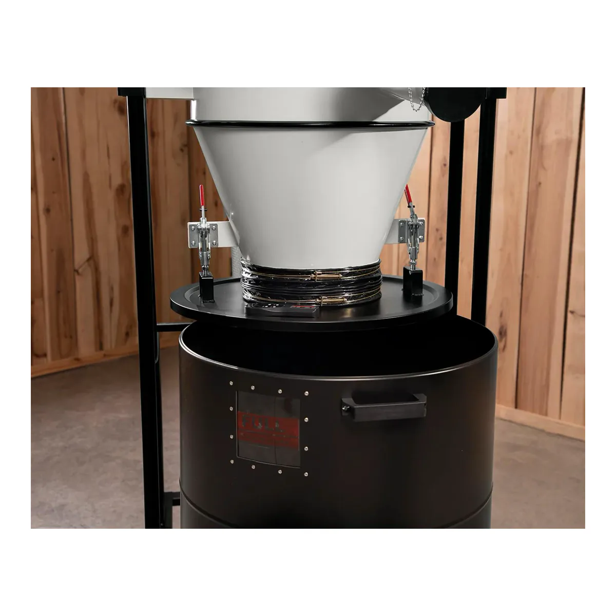 JET JCDC-3 collection drum clamped to the cyclone cone by two toggle latches, with a sight window in the drum wall