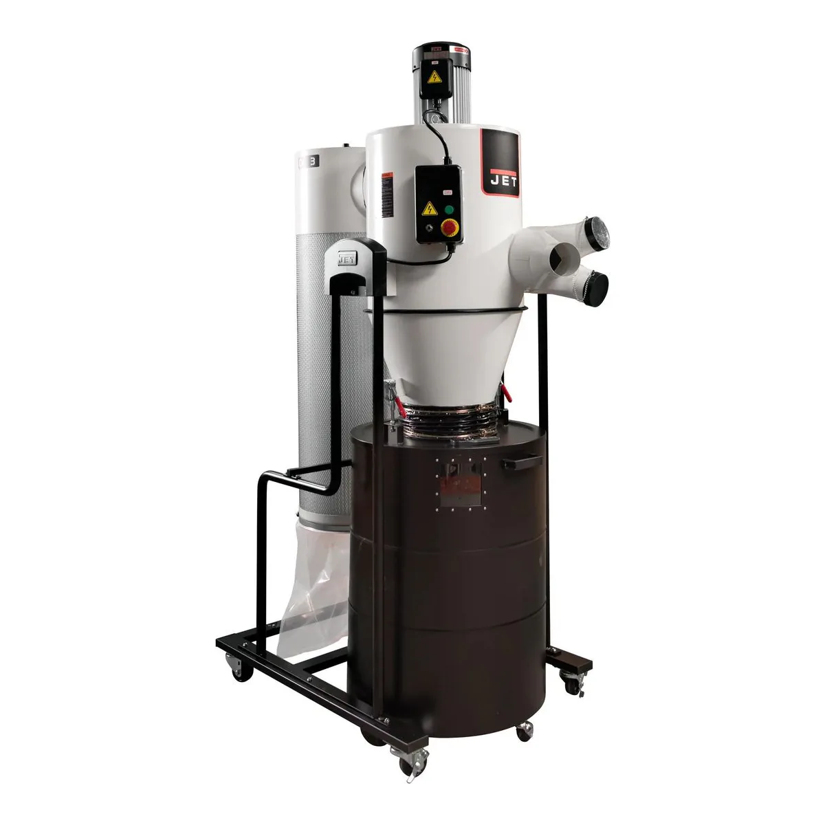 JET JCDC-3 3 HP cyclone dust collector with a three-port intake manifold and a collection drum