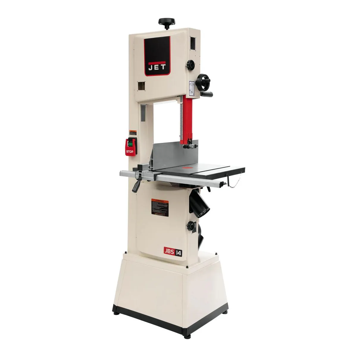 JET JWBS-14SFX 14-inch steel frame woodworking bandsaw on its closed cabinet stand