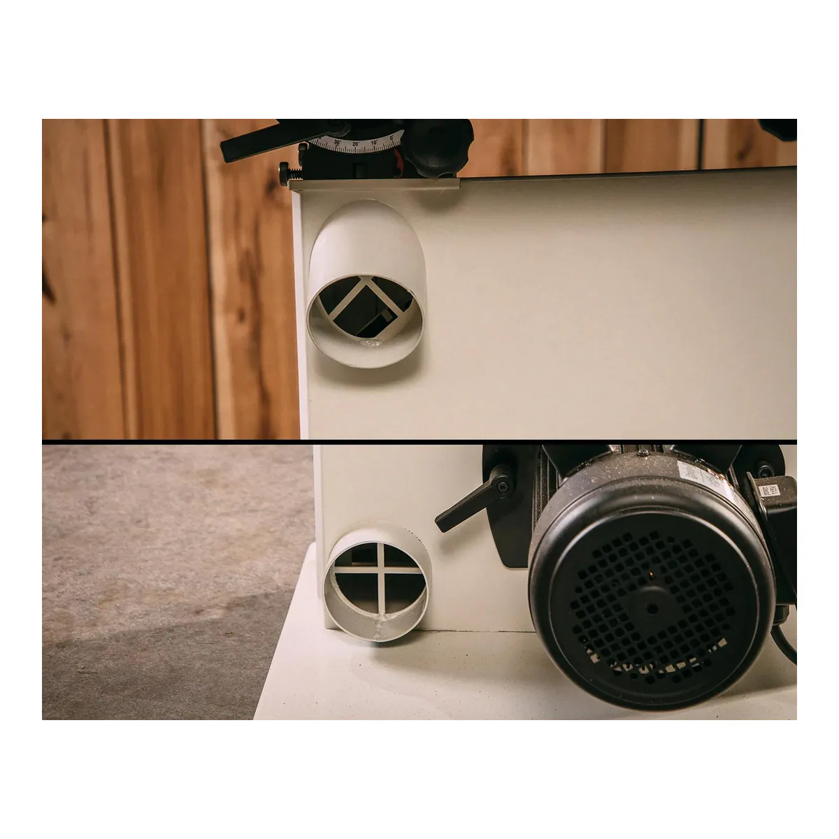 JET JWBS-15 dust ports, one on the lower wheel housing and a second in the cabinet base beside the motor