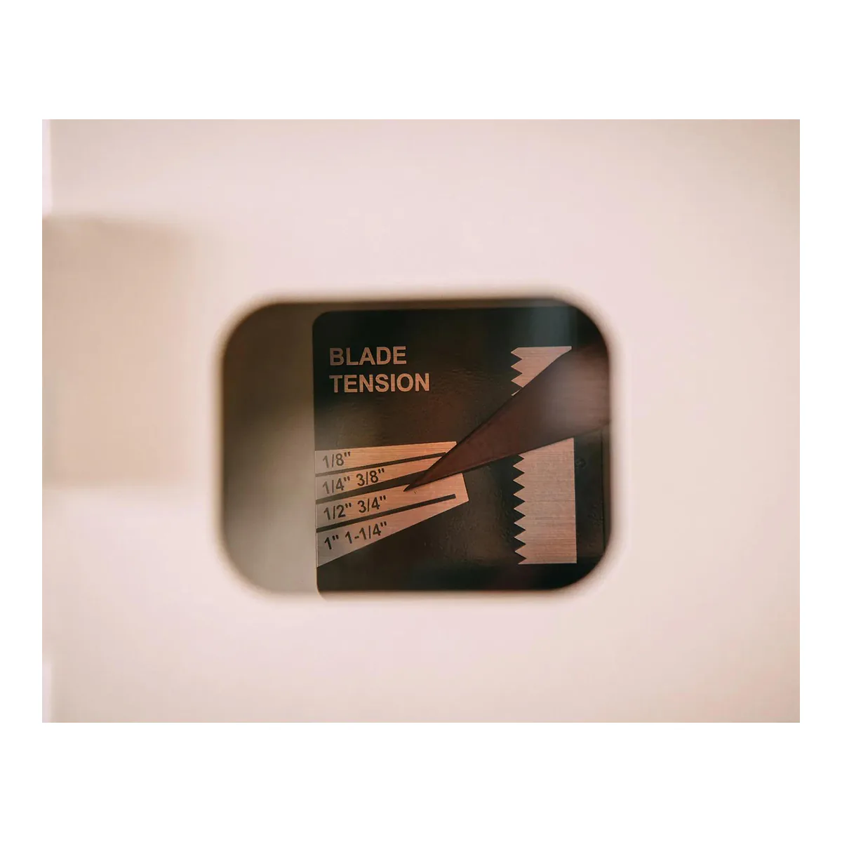JET JWBS-15 blade tension window with the scale plate marked in four blade width bands