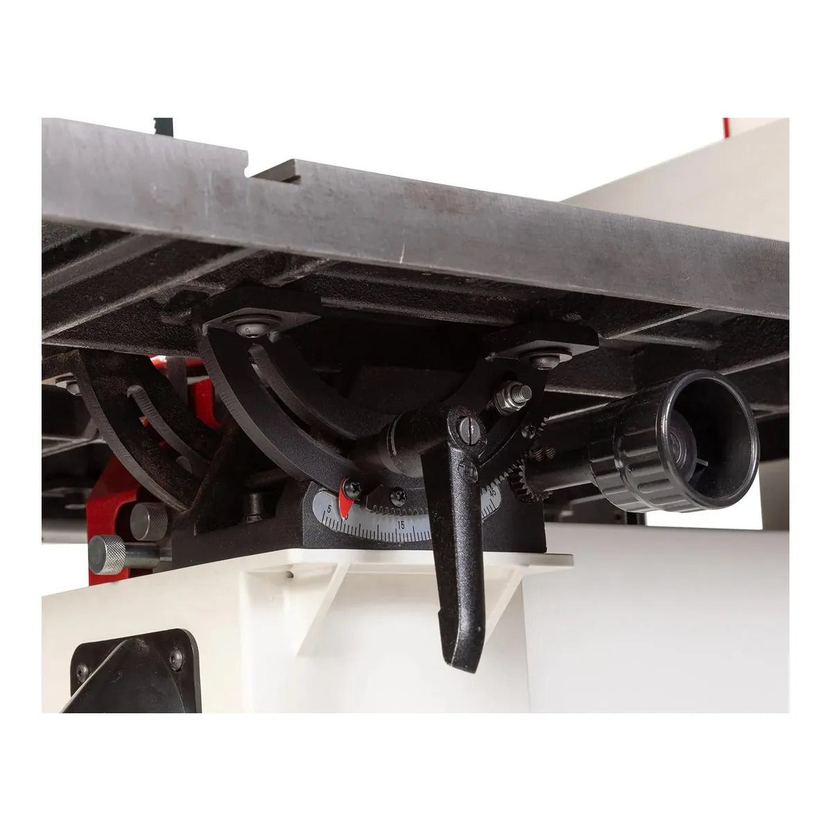 Cast iron trunnion under the JET JWBS-18SFX-3 bandsaw worktable, with the tilt scale and a single cast lock lever