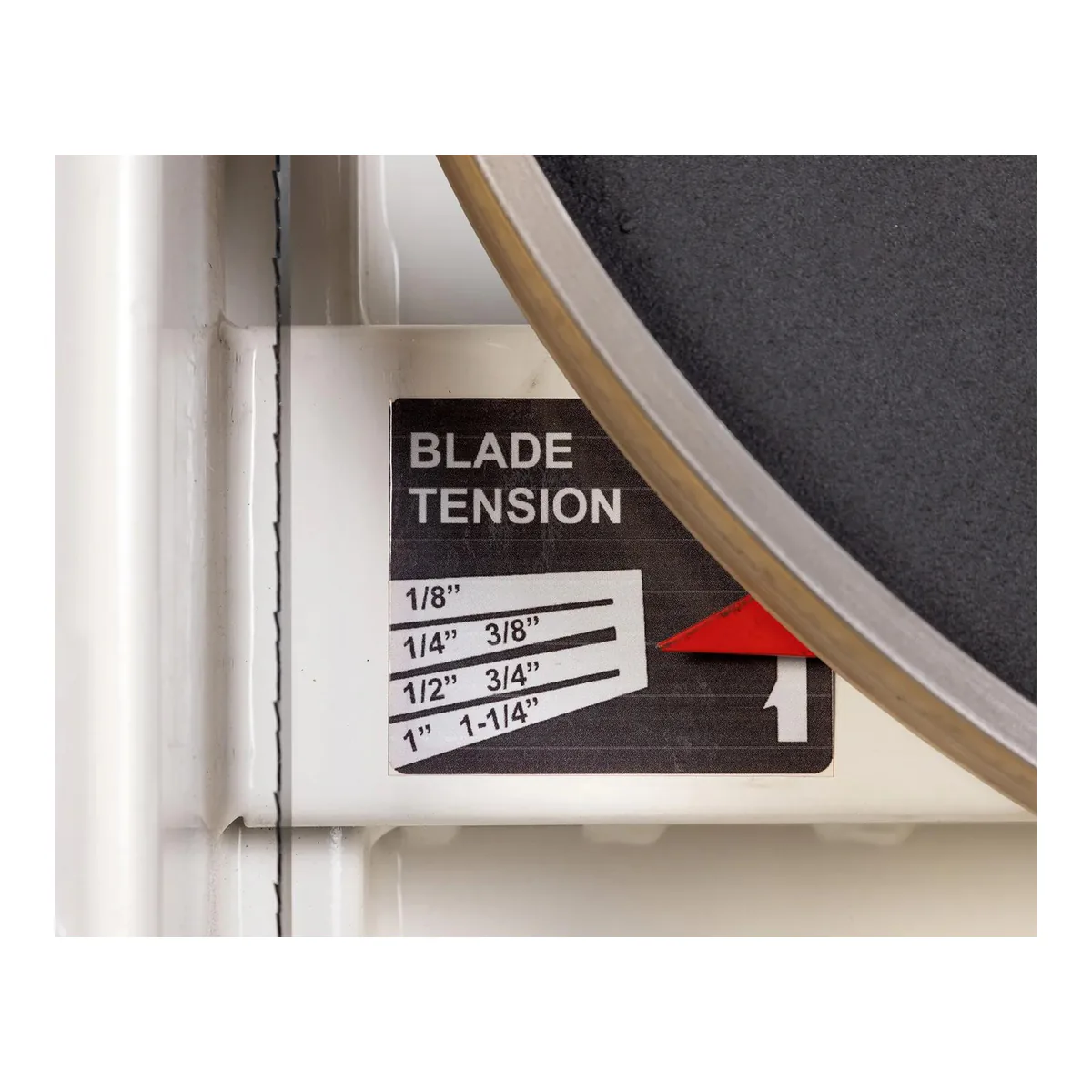 Blade tension indicator on the JET JWBS-18SFX-3 bandsaw, ruled by blade width from 1/8 in. to 1-1/4 in.