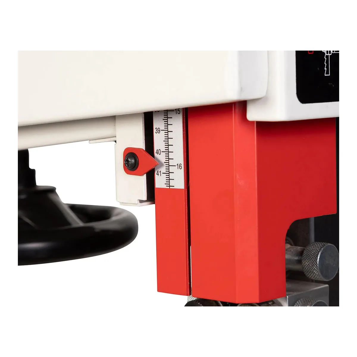 Guide post height scale on the JET JWBS-18SFX-3 bandsaw, marked in both inches and centimeters