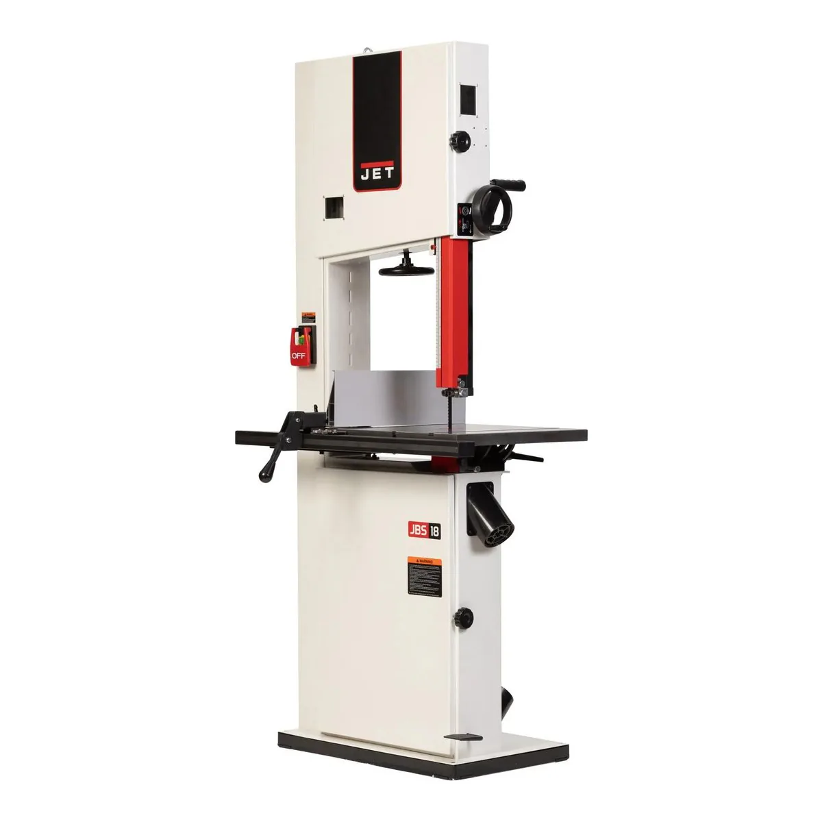JET JWBS-18SFX 18-inch woodworking bandsaw, 1.75 HP floor model on a closed cabinet stand