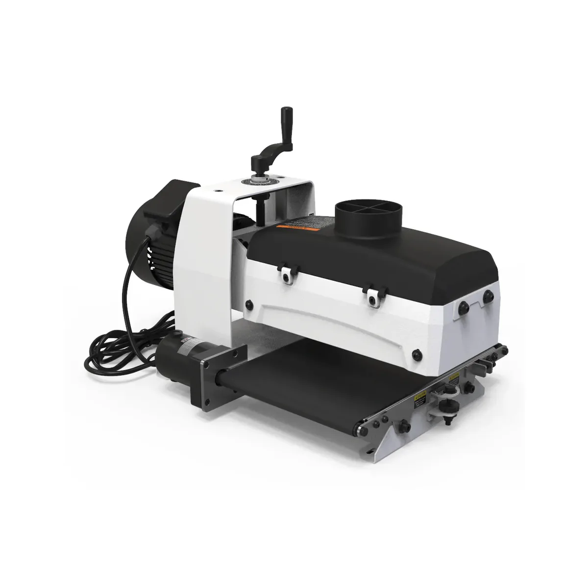 JET JWDS-1020 benchtop drum sander from the open end, showing the conveyor, height crank and 4 inch dust port