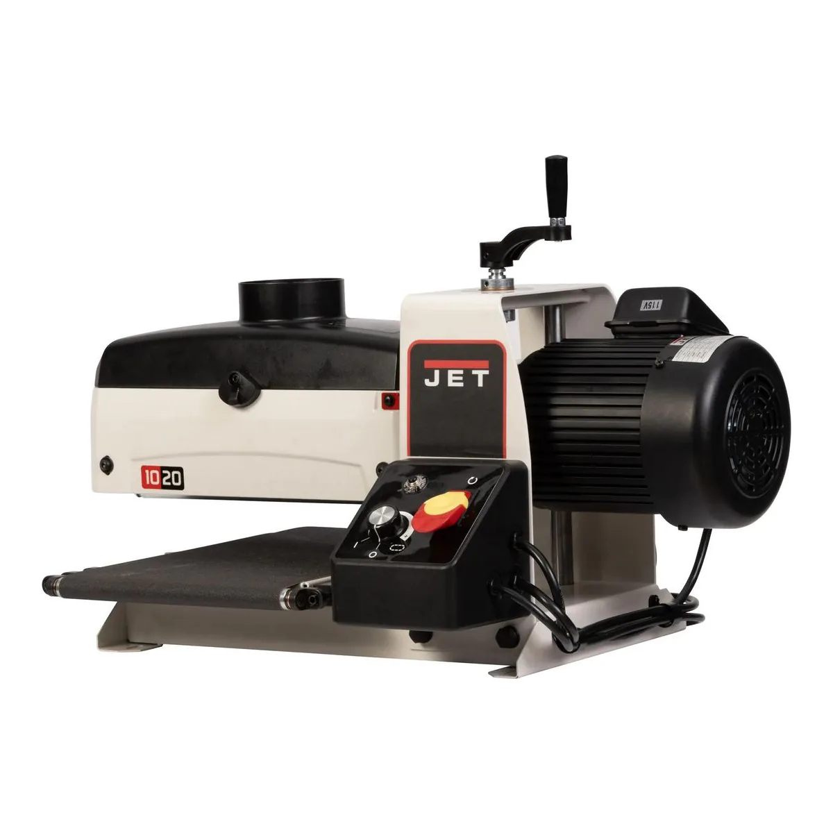 JET JWDS-1020 benchtop open-end drum sander with its 10|20 badge, conveyor and 4 inch dust port