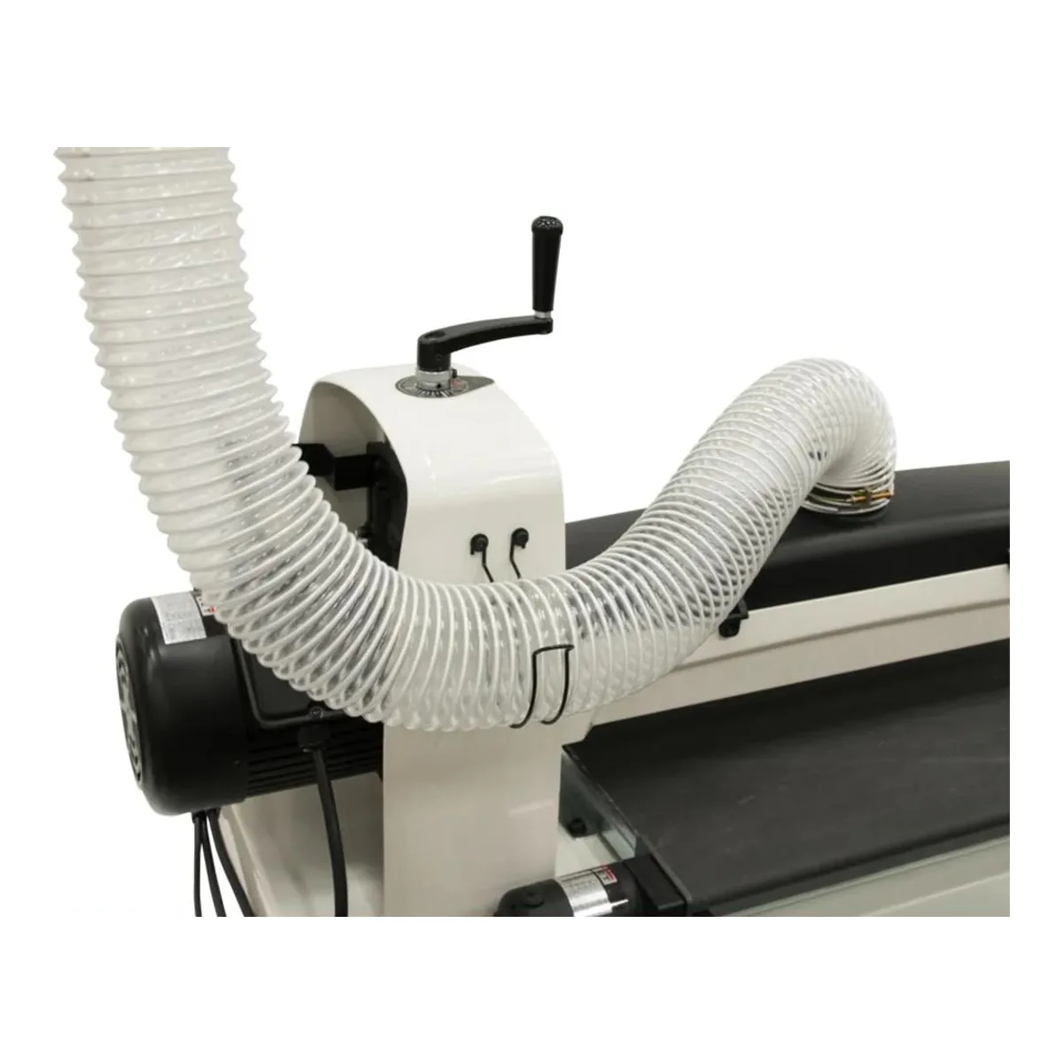 JET JWDS-2550 with a clear dust hose on the hood port, held by a wire hanger on the column below the drum height crank