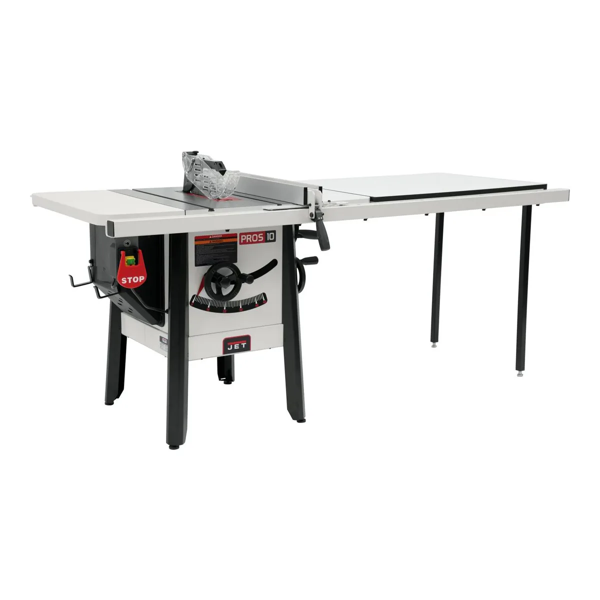 JET ProShop II contractor style table saw with an enclosed base and 52 inch fence, angled view