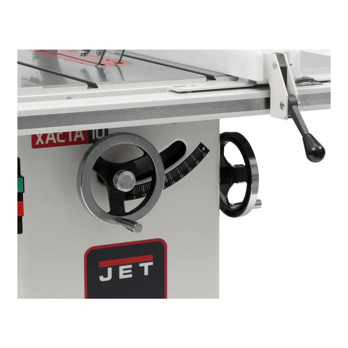 Front of the JET Deluxe XACTA cabinet with the separate height and bevel handwheels and the bevel scale between them