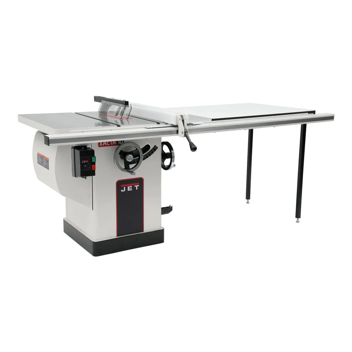 JET Deluxe XACTA cabinet table saw with a 50 inch fence and extension wings, angled view