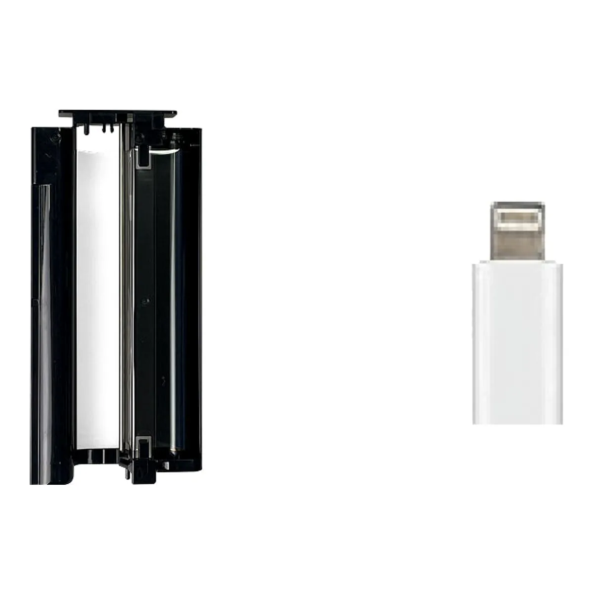 KODAK Dock Plus 4PASS cartridge beside the Lightning pin adapter that ships in the box