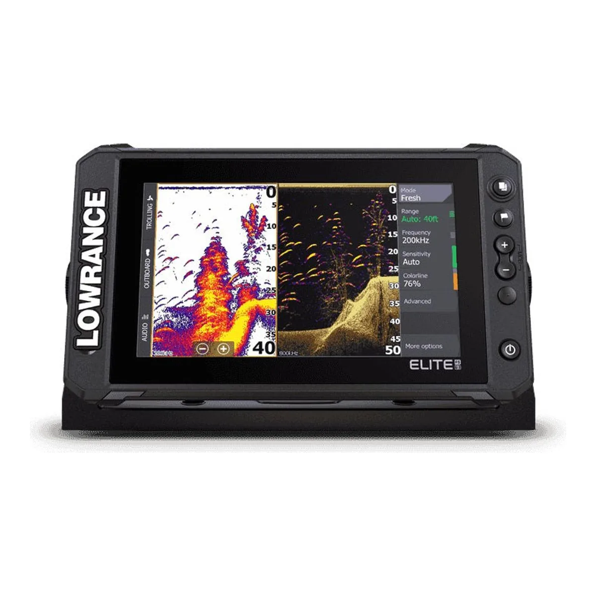 Lowrance Elite FS 9 fish finder and chartplotter, front view with the 9 inch screen showing a split CHIRP and DownScan sonar view and the keypad on the right