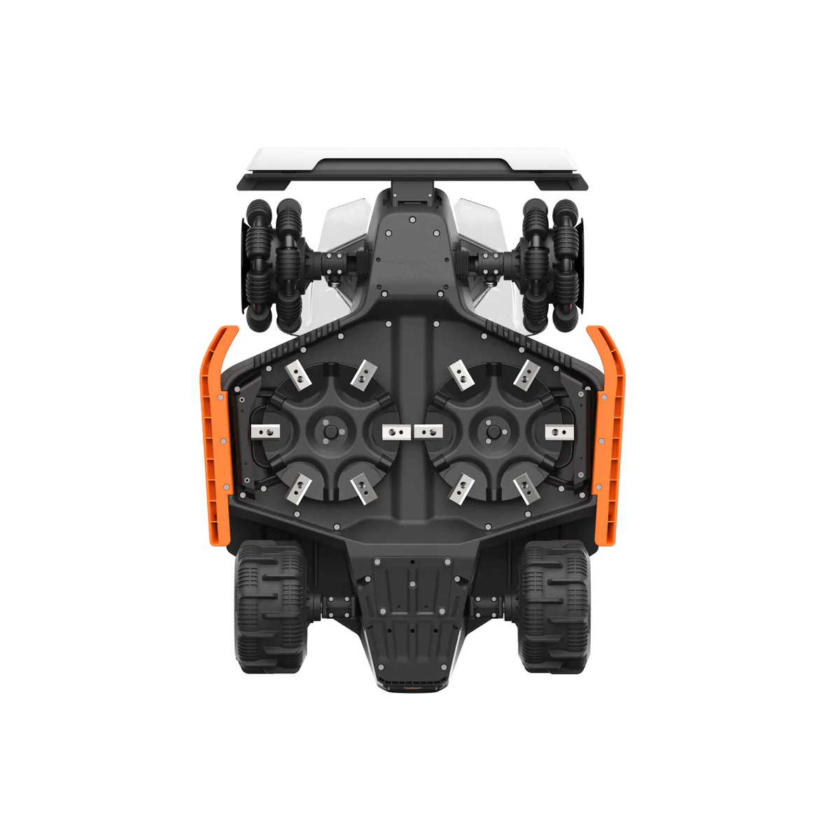 Underside of the Mammotion LUBA 3 AWD 5000 showing twin cutting discs with six blades each, omni front wheels and treaded rear tires