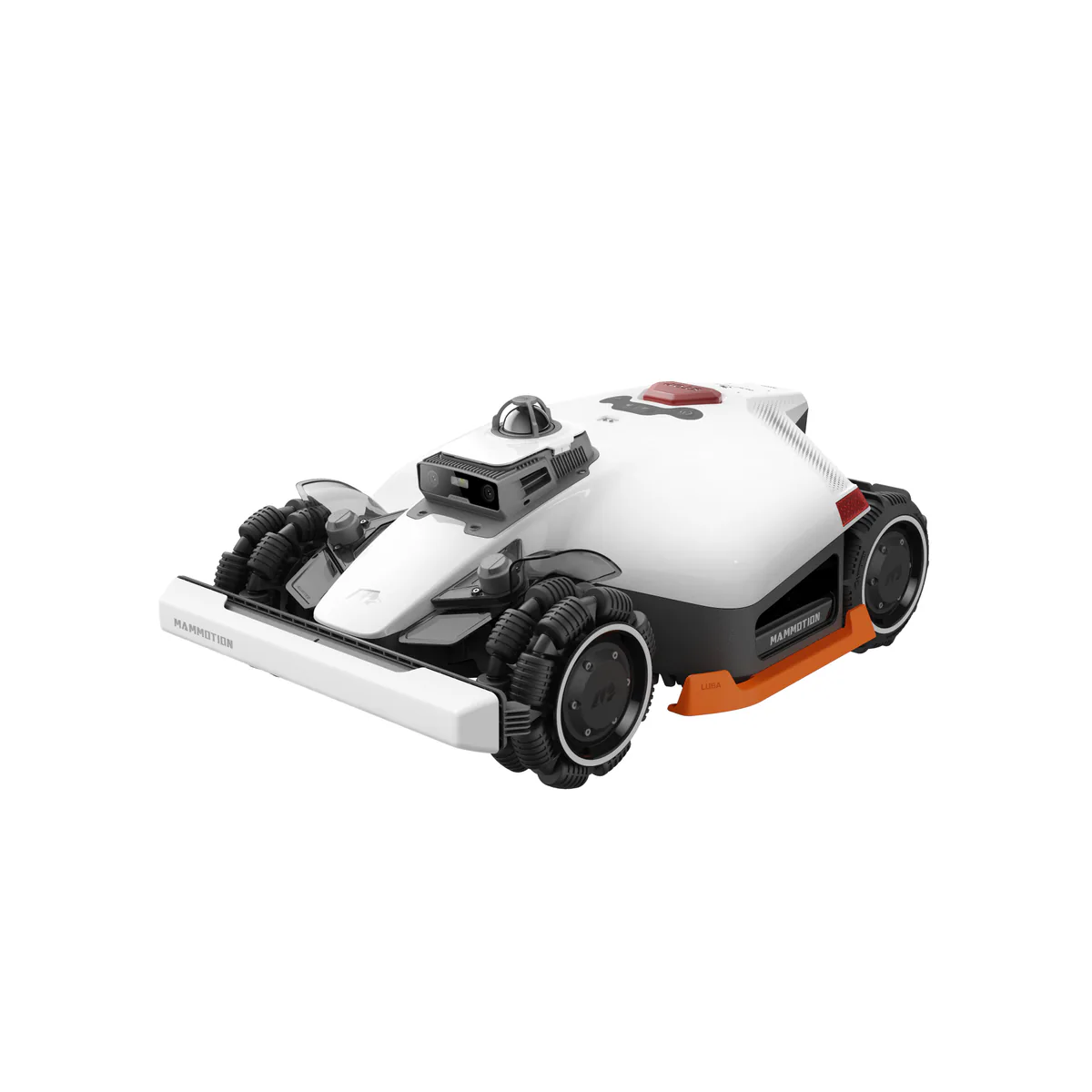 Mammotion LUBA 3 AWD 5000 front three-quarter view with the caged 360 degree LiDAR dome above the dual camera module