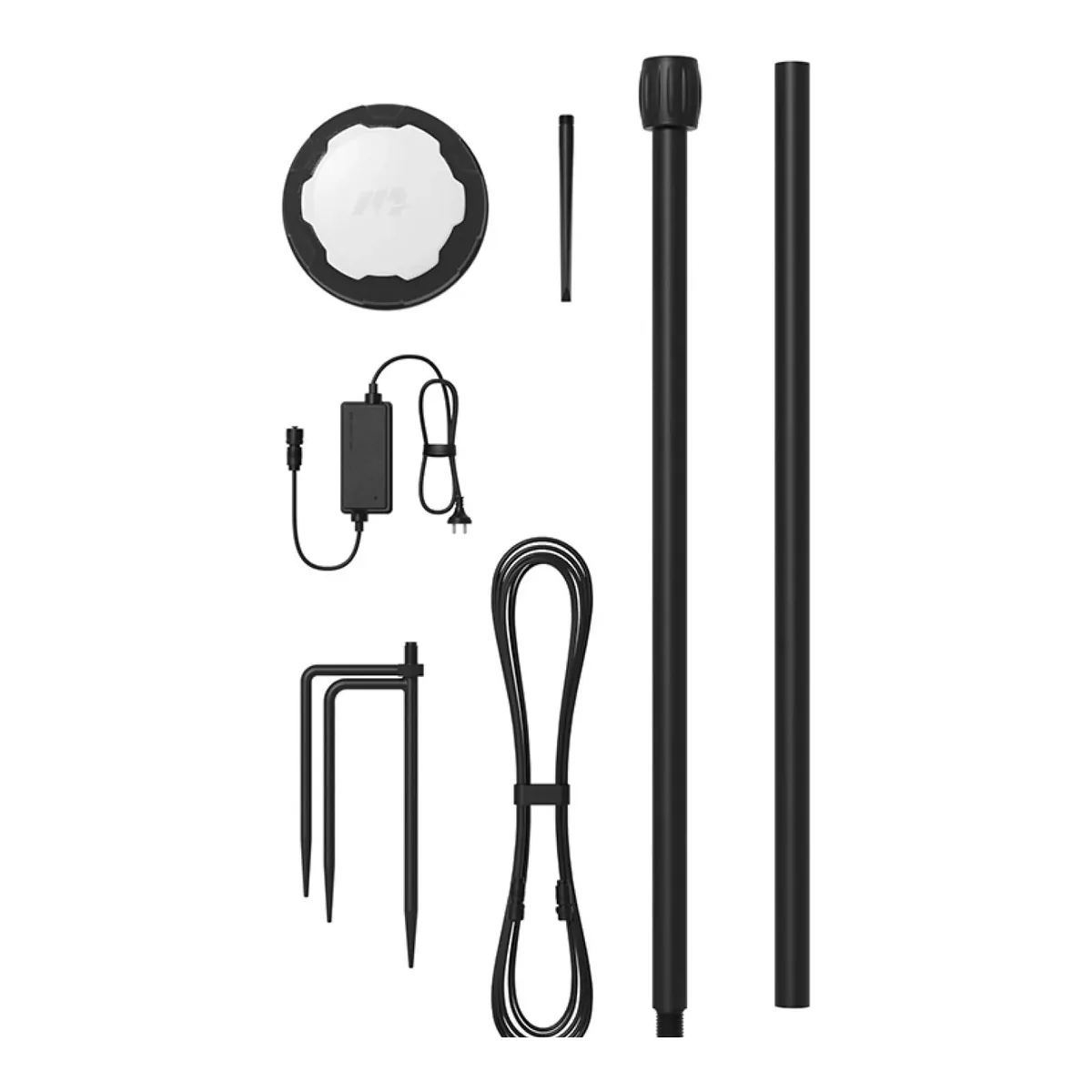 Mammotion LUBA 3 AWD RTK reference station kit: round station, radio antenna, power supply, mounting poles, ground stake and extension cable