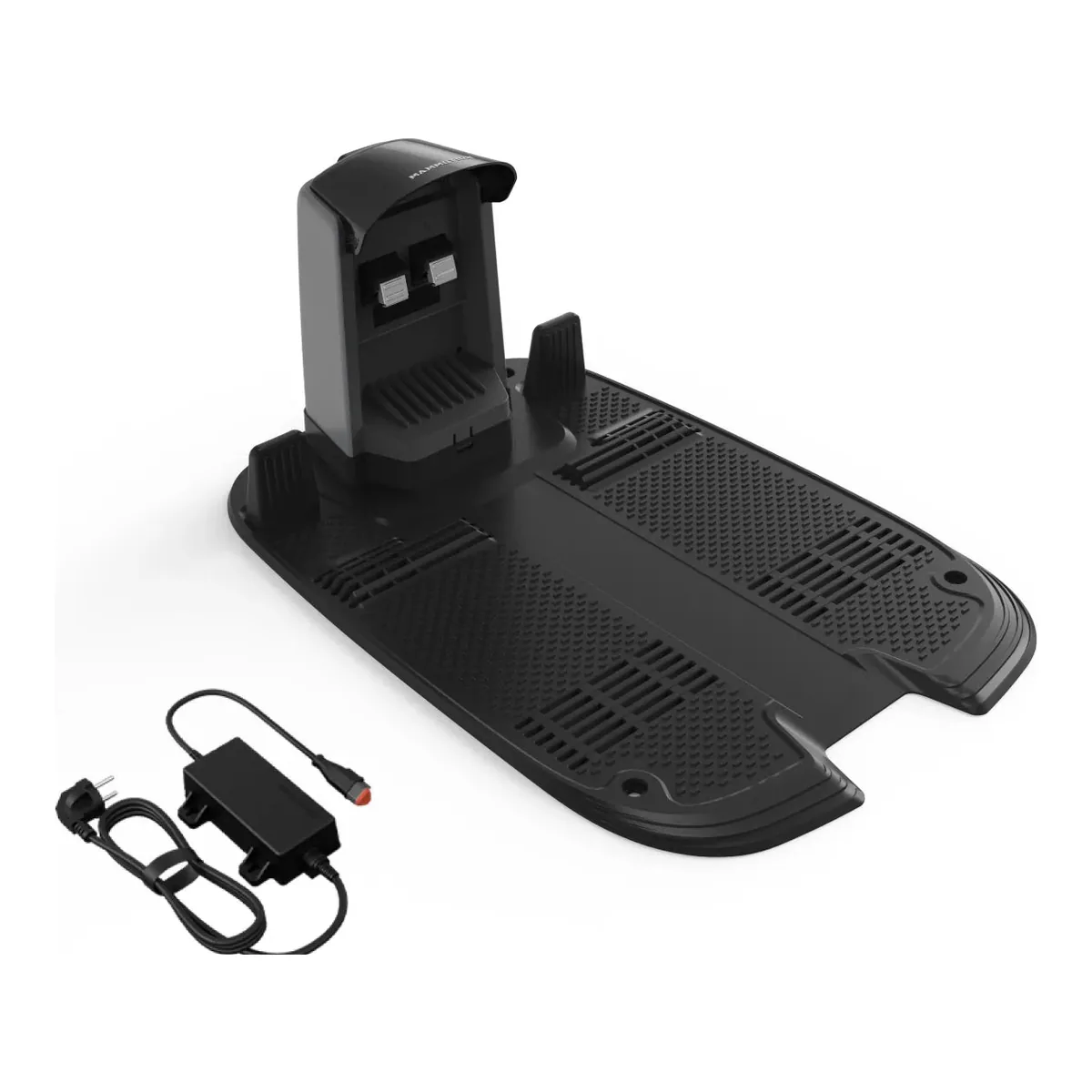 Mammotion LUBA 3 AWD charging dock with its rain shade fitted, shown with its power supply