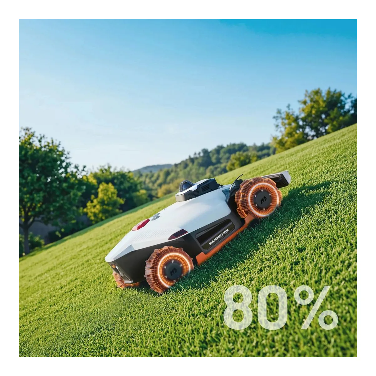 Mammotion LUBA 3 AWD 5000 robot lawn mower climbing a grass slope on all wheel drive