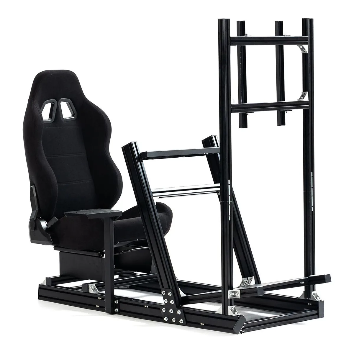 Marada 8040 aluminum sim racing cockpit with black fabric seat and single TV stand, three-quarter front view with no wheel fitted
