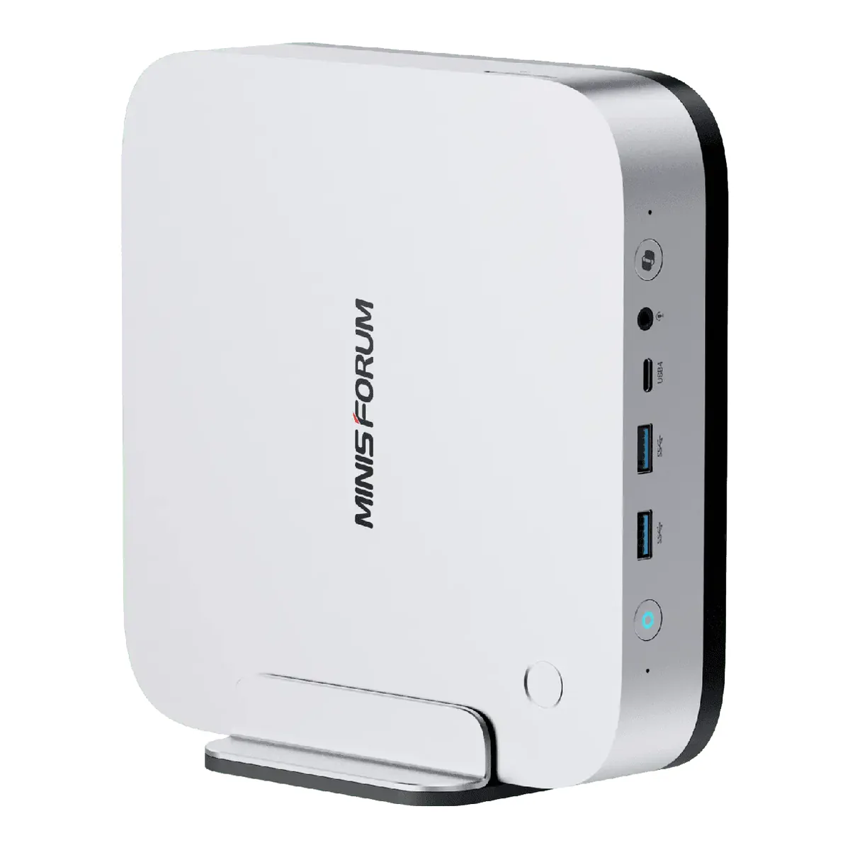 MINISFORUM AI X1 Pro-370 mini PC standing vertically on its foot, white chassis with front USB ports