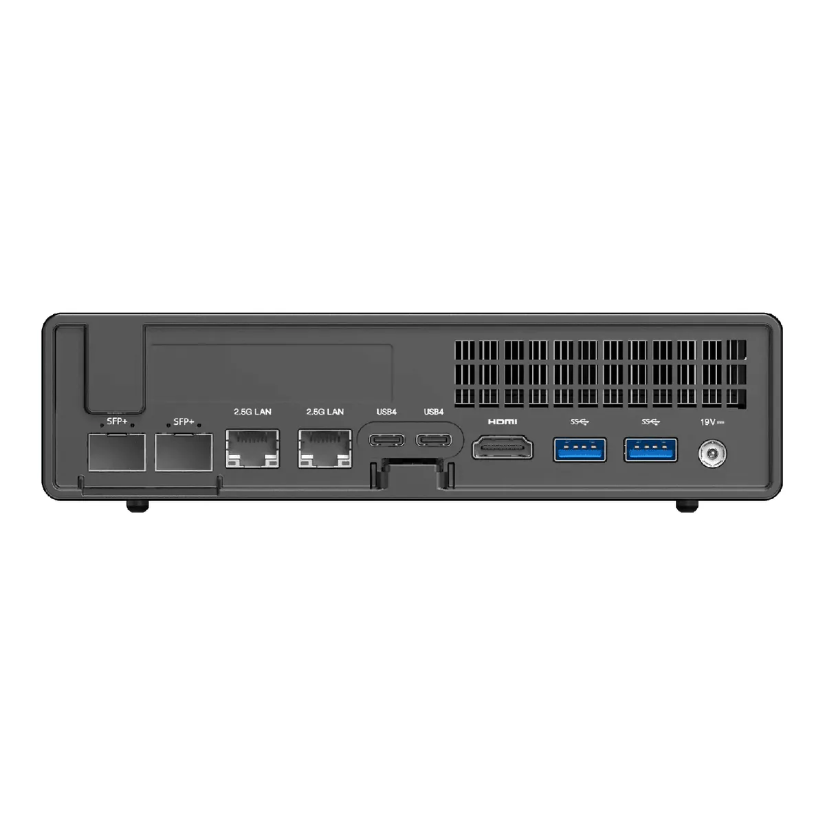 MS-01 rear panel with two SFP plus cages, two 2.5G LAN ports, two USB4, HDMI, two USB Type-A and the 19V input