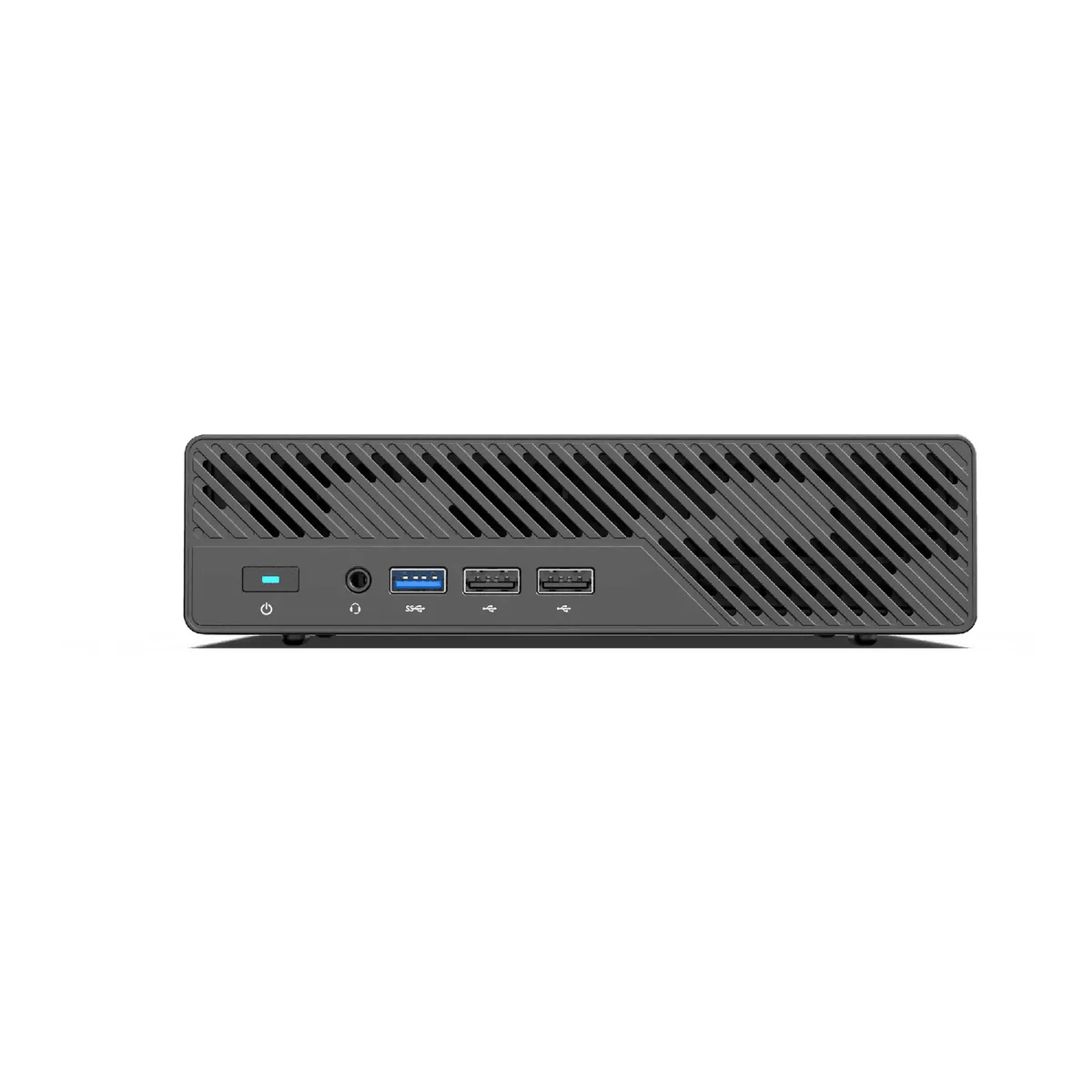 MS-01 front panel with power button, headset jack, one USB 3 port and two USB 2 ports