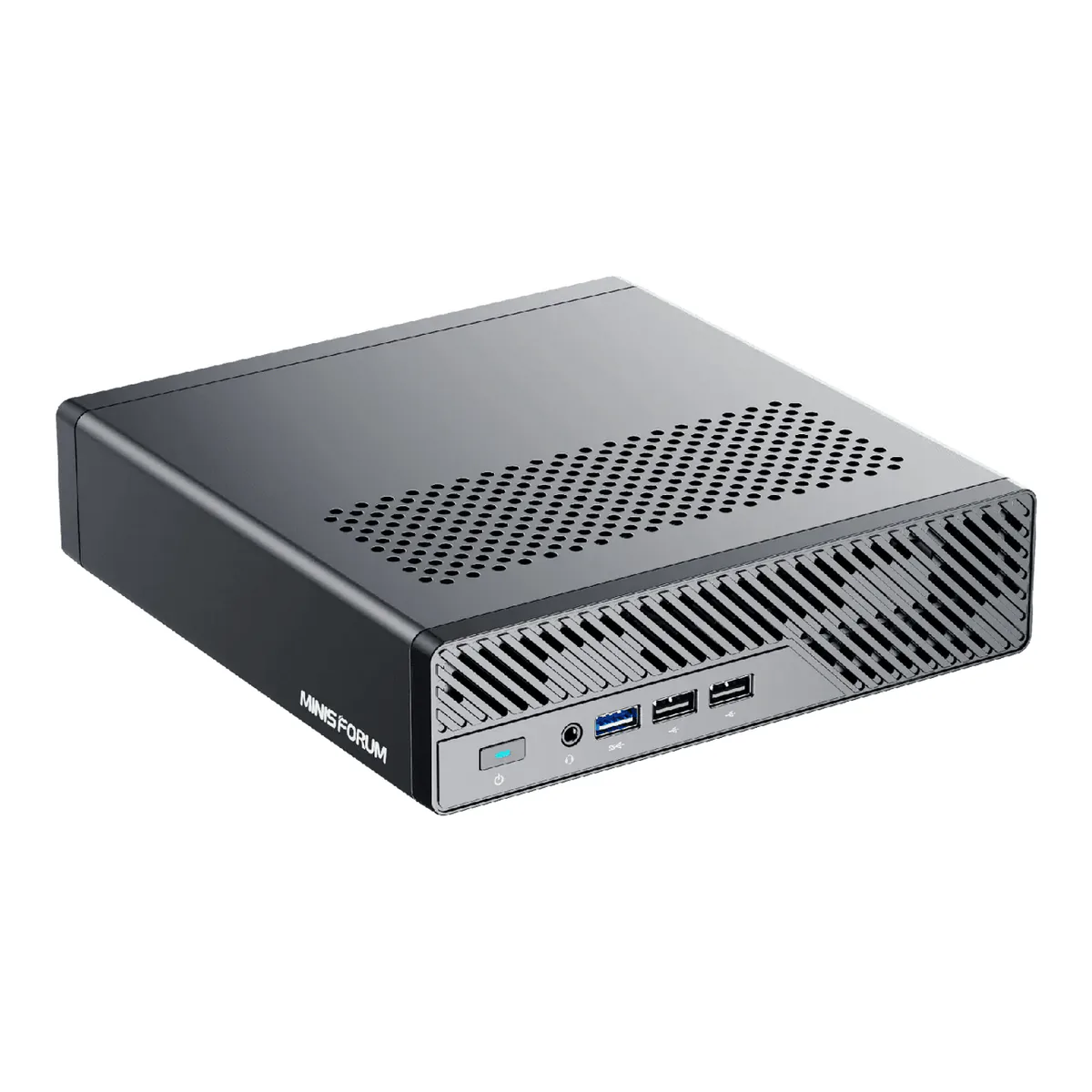 MINISFORUM MS-01 mini workstation in black, three-quarter view showing the front vents and USB ports