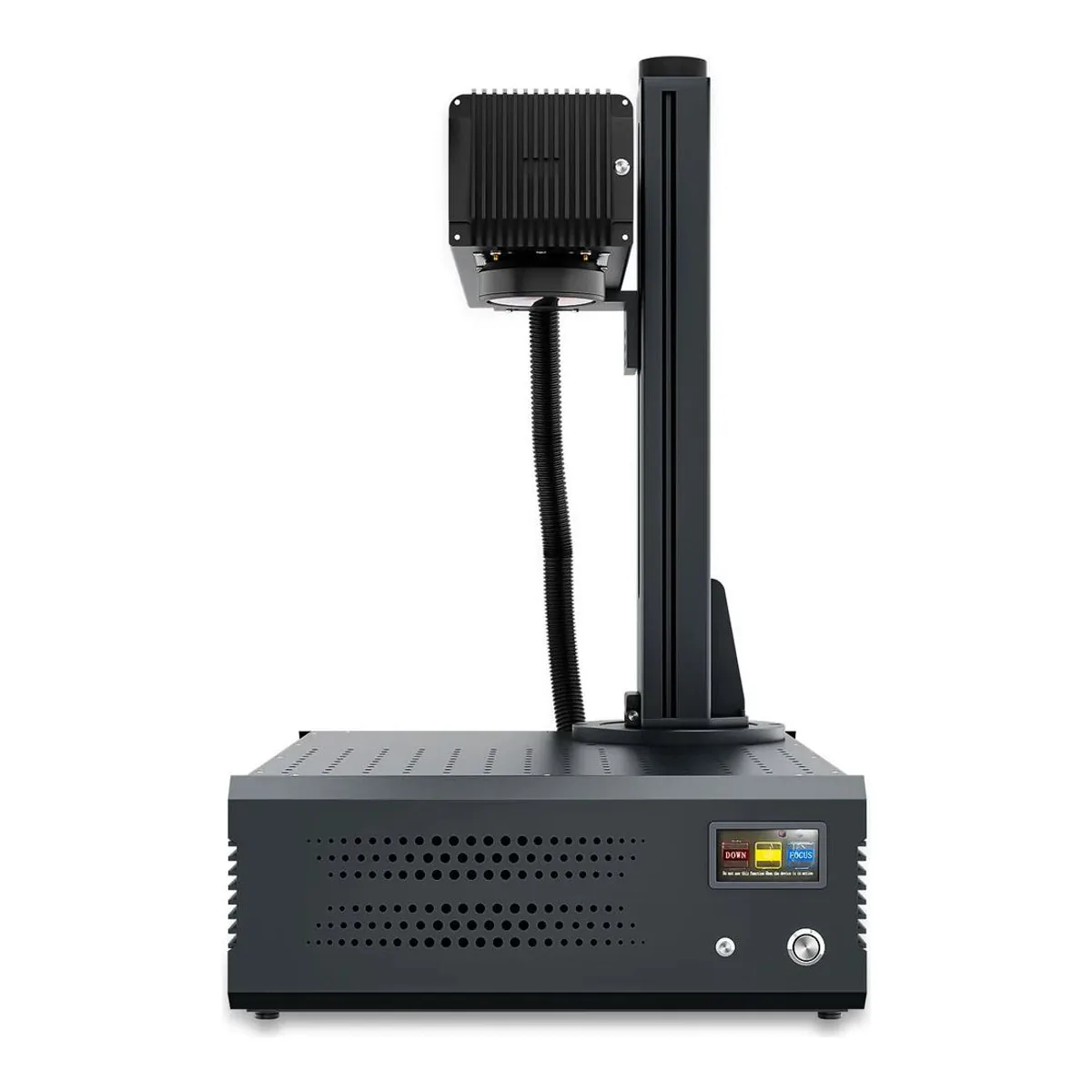 Monport GA fiber laser from the front, with the DOWN and FOCUS keys on the base panel under the galvo head