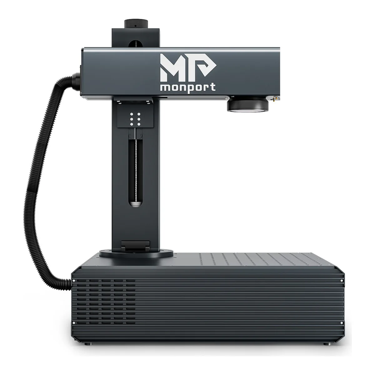 Monport GA 60W MOPA fiber laser engraver from the side, galvo head on its mast over a perforated base