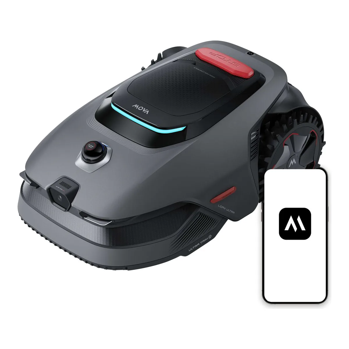 MOVA LiDAX Ultra 2000 AWD seen from above, showing the UltraView camera turret, the STOP switch and the app pairing icon