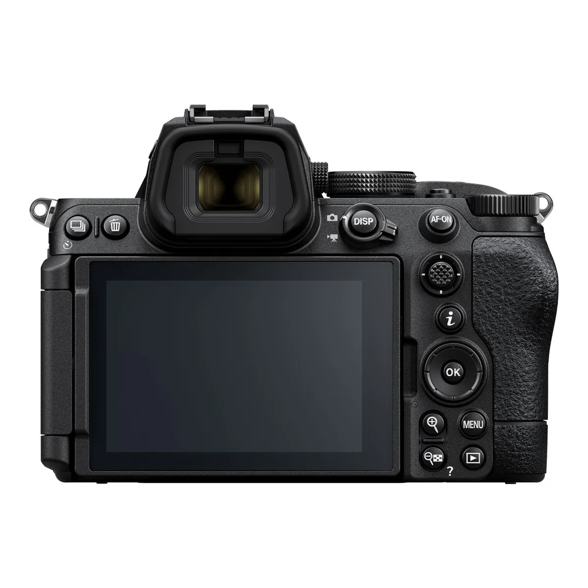 Rear of the Nikon Z5II with the viewfinder, rear monitor, DISP, AF-ON, i and OK buttons and the sub-selector