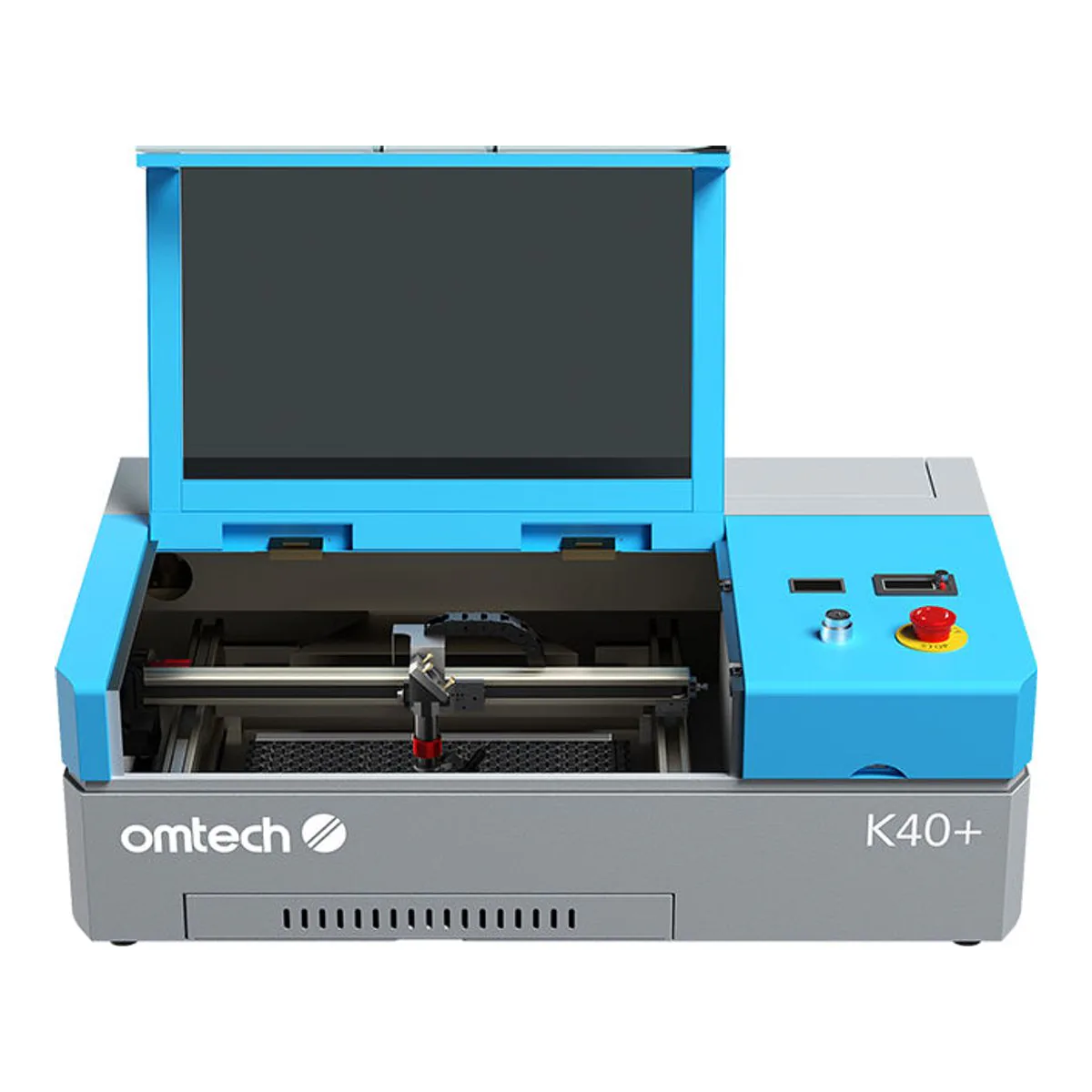 OMTech K40+ with the lid raised, showing the gantry, laser head, honeycomb bed and control panel