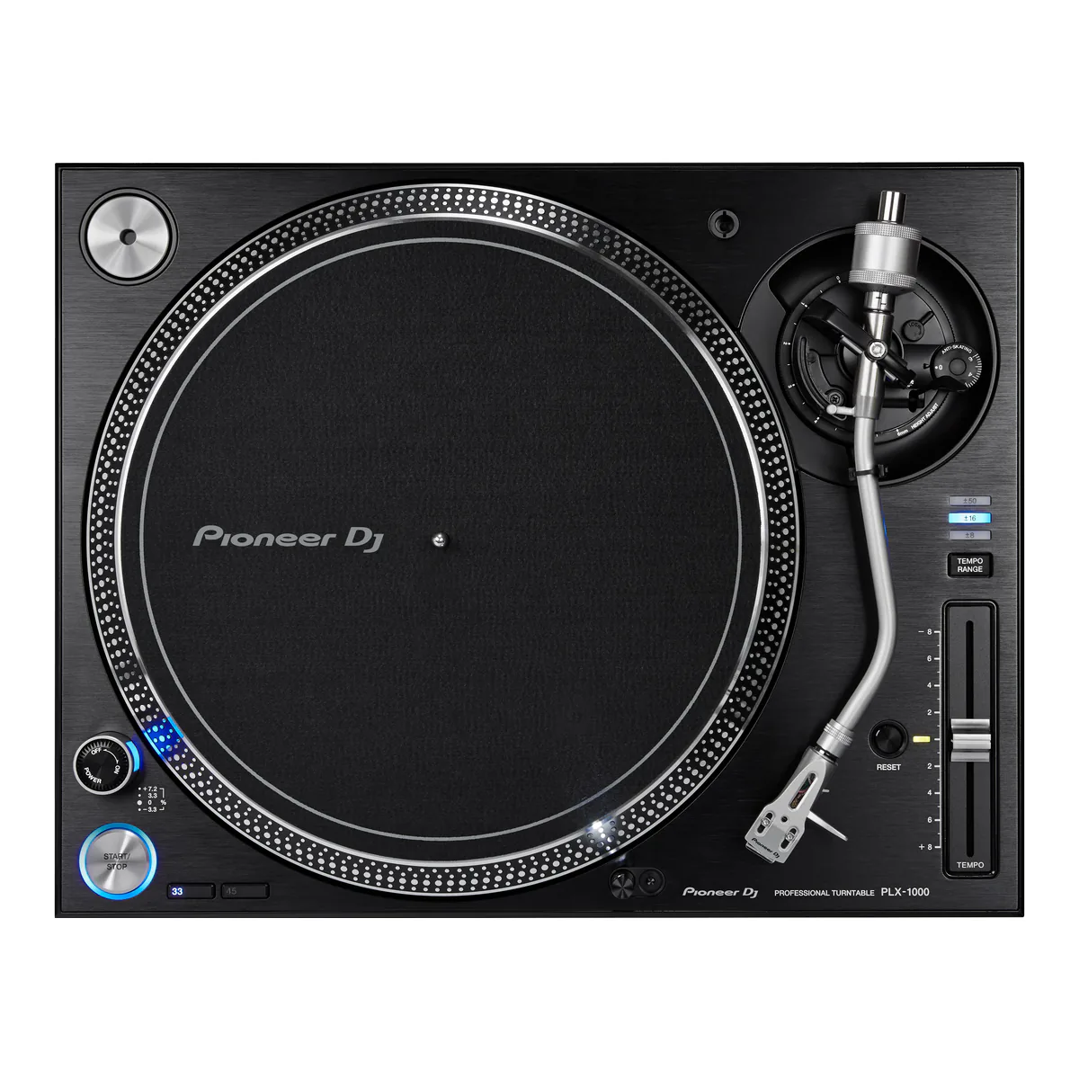 Top-down view of the PLX-1000 showing the platter strobe dots, tonearm, tempo range buttons and tempo fader
