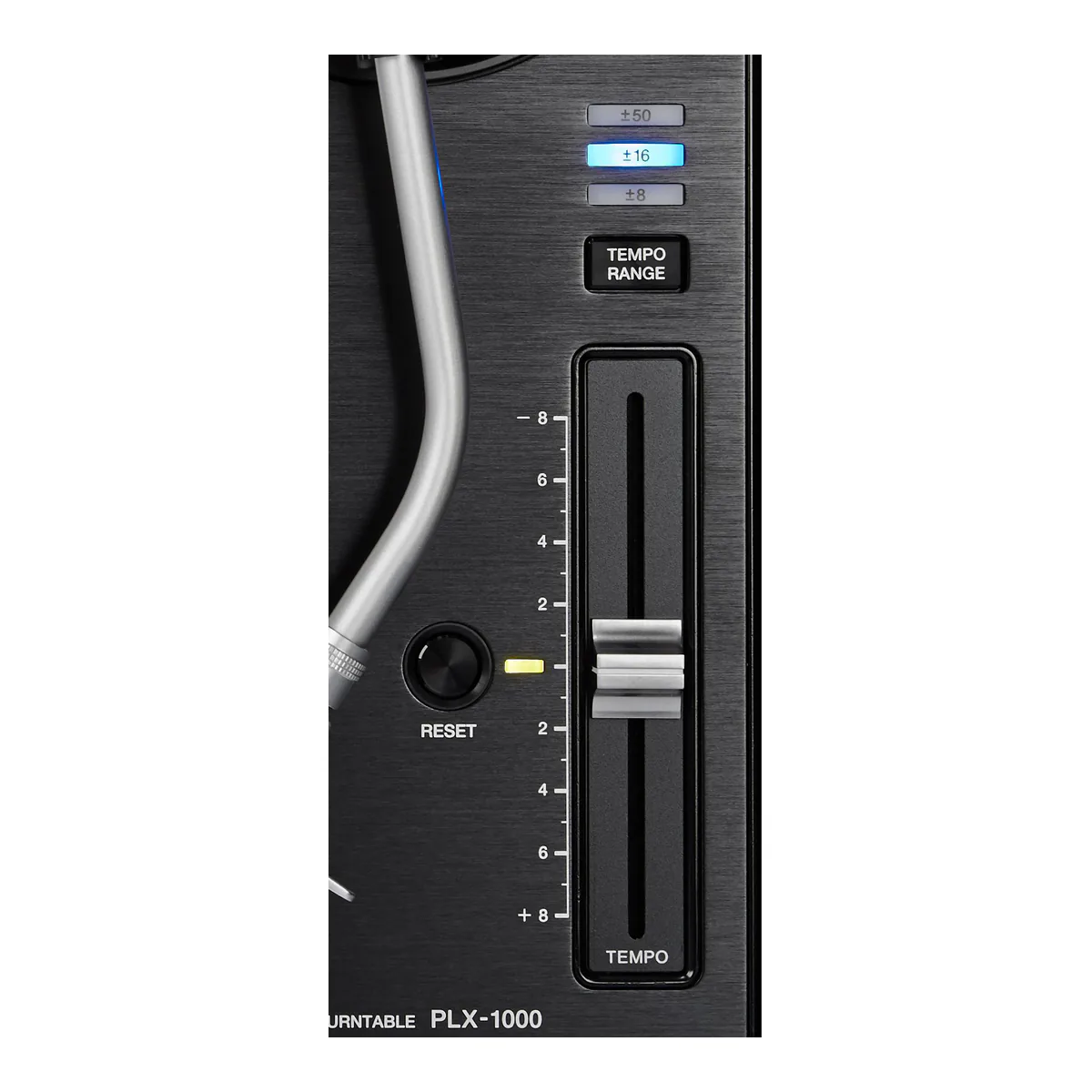 PLX-1000 tempo section with the ±50, ±16 and ±8 range lights, tempo range button, reset button and tempo fader