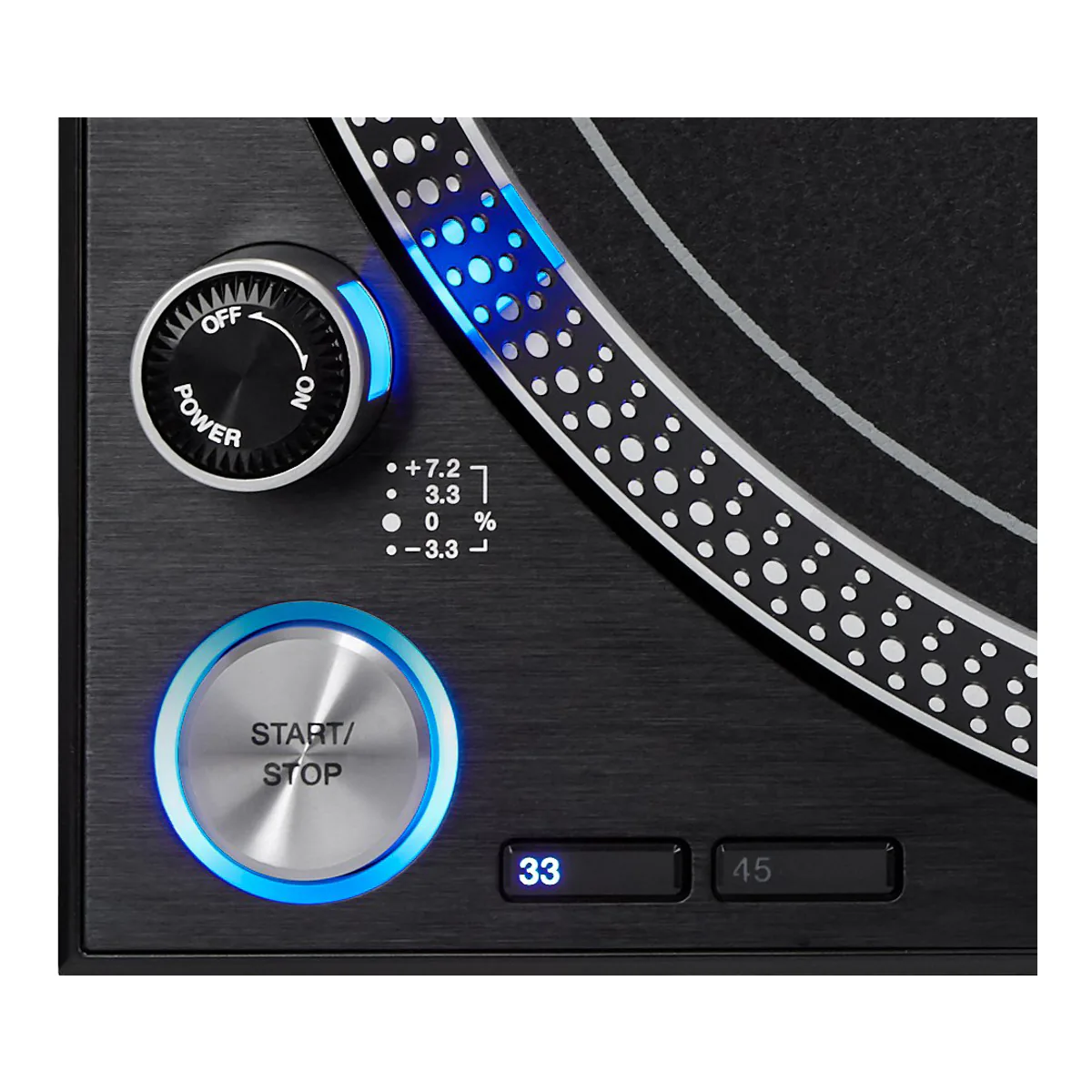 PLX-1000 front left corner with the power dial, strobe legend, start/stop button and 33 and 45 speed buttons