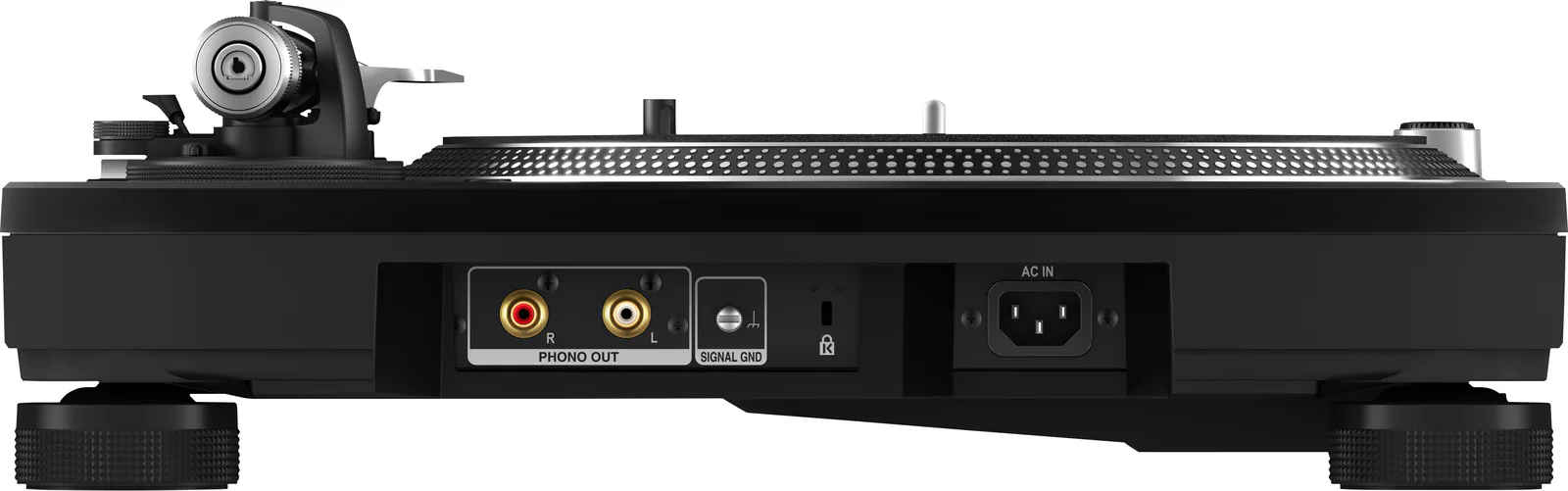 PLX-1000 rear panel with the PHONO OUT RCA pair, SIGNAL GND post, security slot and AC IN inlet