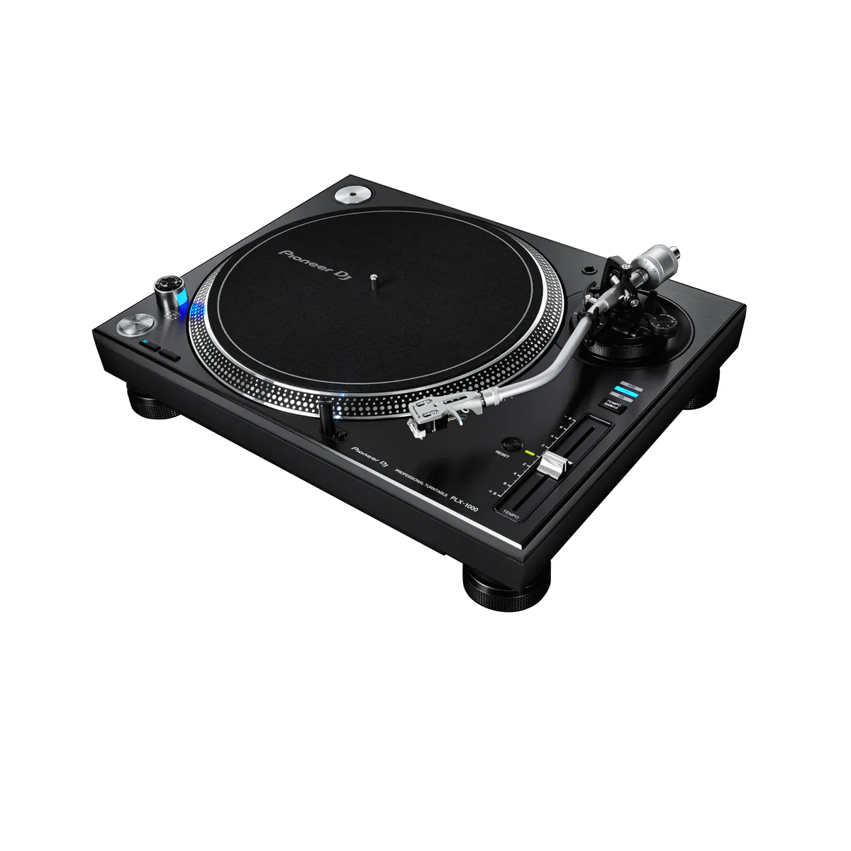 Pioneer DJ PLX-1000 direct drive turntable in black, three-quarter view with the S-shape tonearm, tempo fader and start/stop button