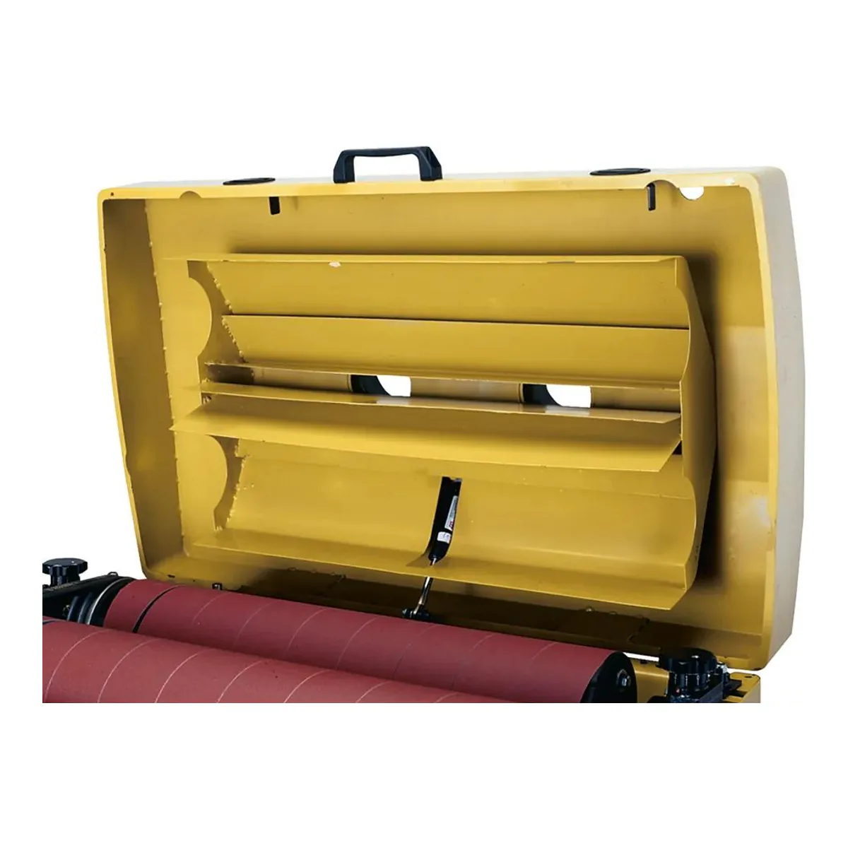 Powermatic DDS-225 dust hood lifted open, showing internal baffles and two round port openings above the drums