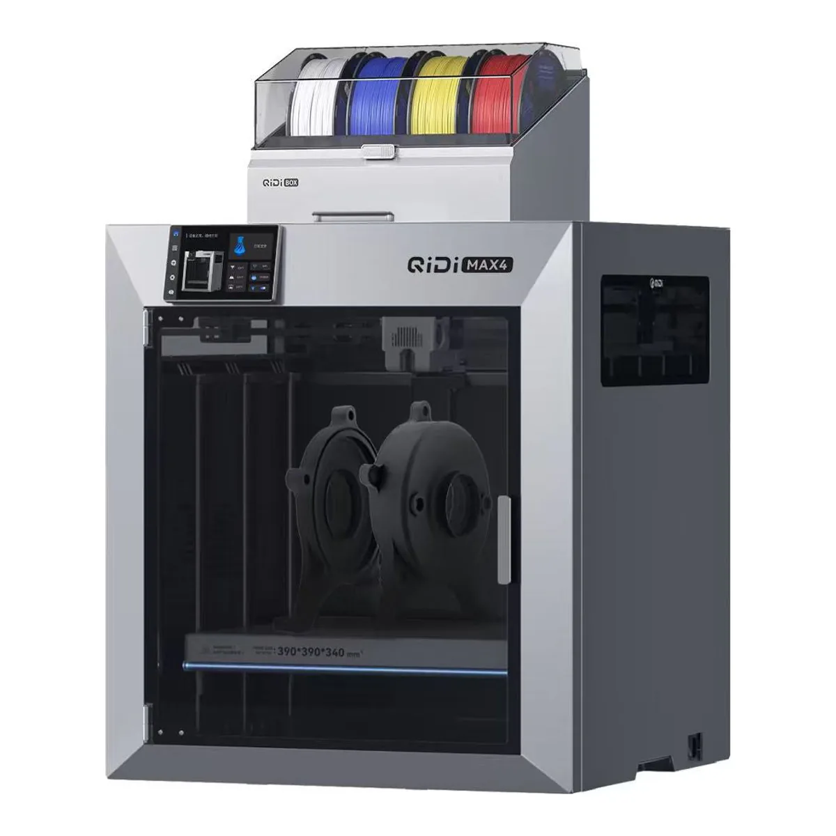 QIDI Max4 enclosed 3D printer with a QIDI Box four-spool multicolor unit on top
