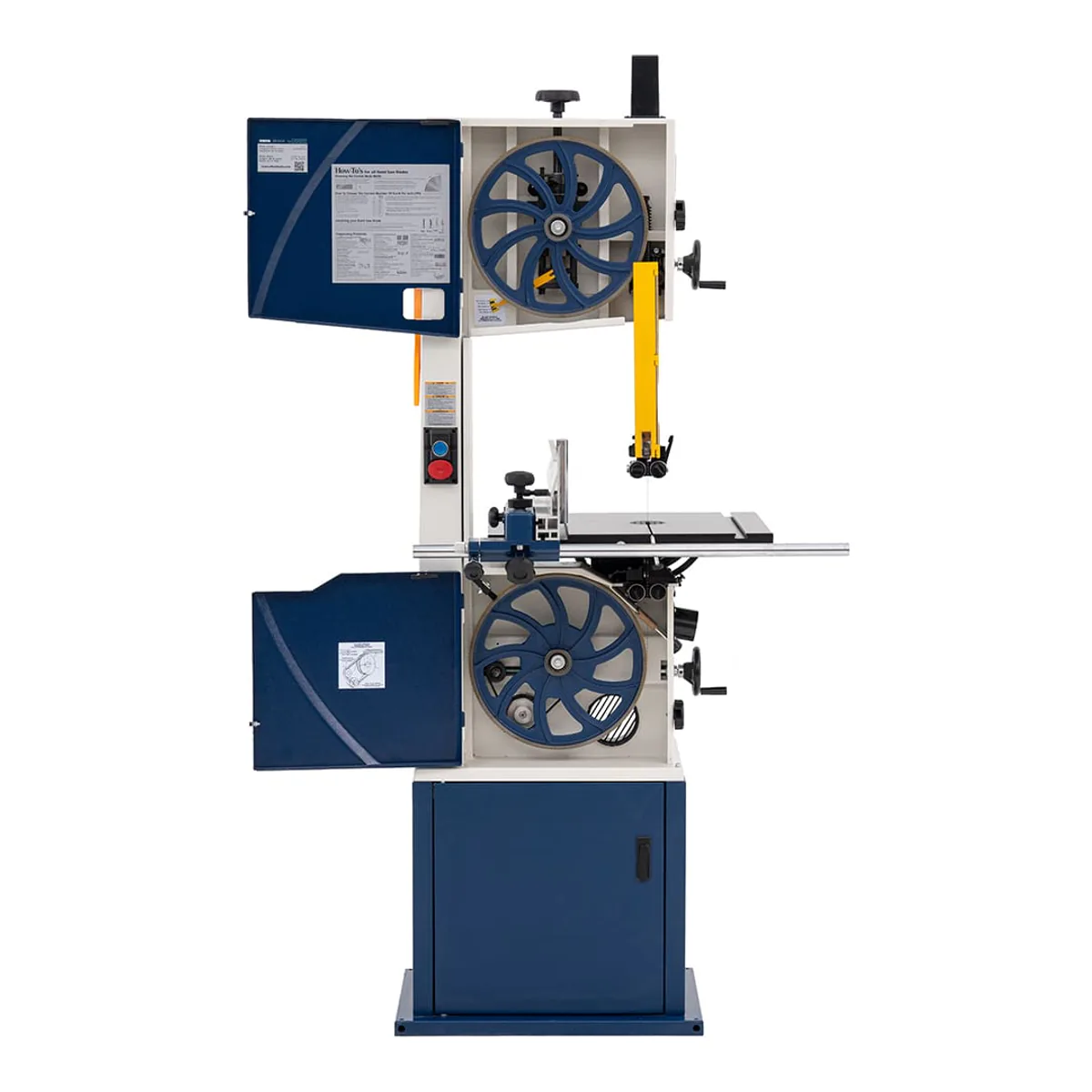 RIKON 10-1414 bandsaw with both wheel doors open, showing the cast iron wheels, the drive pulley and the full blade path