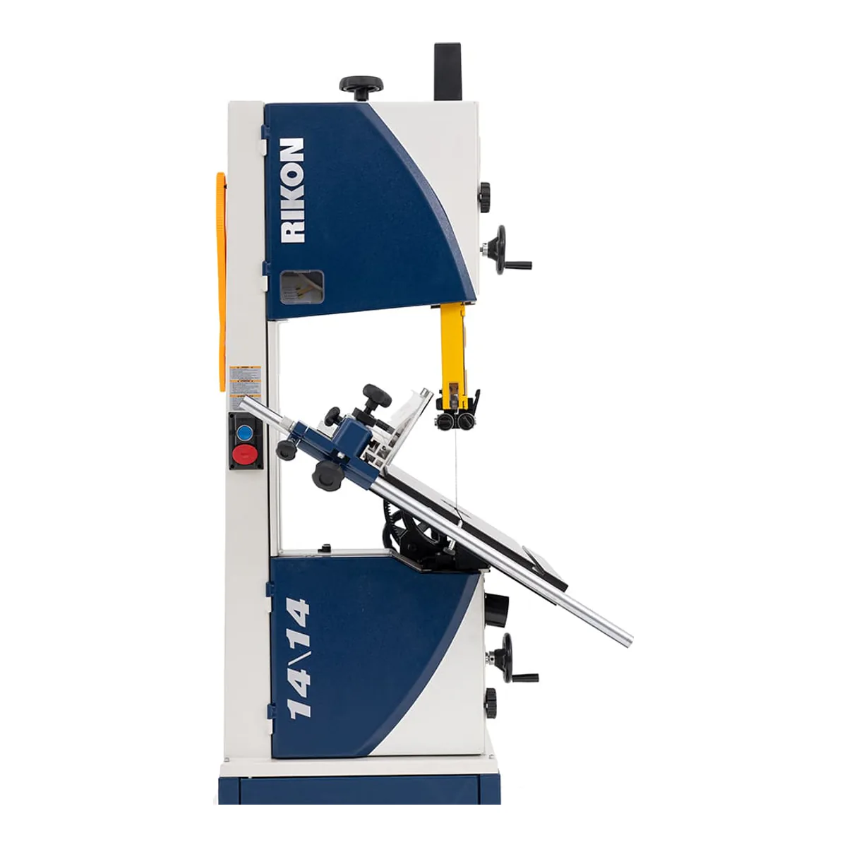 RIKON 10-1414 bandsaw table tilted right on its cast iron trunnion, with the tilt handwheel underneath