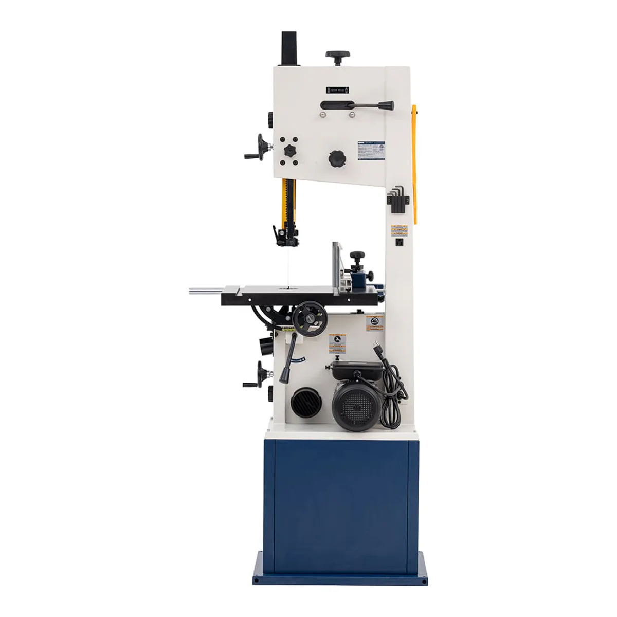 RIKON 10-1414 bandsaw from the rear, showing the TEFC motor bolted to the lower housing and the factory power cord