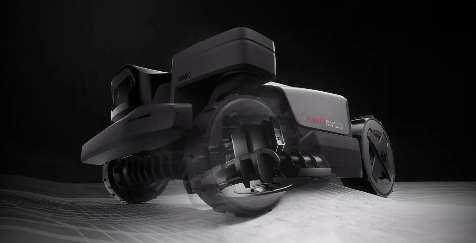 roborock RockMow X120H LiDAR from low at the front, with a front wheel steered sideways under the bumper