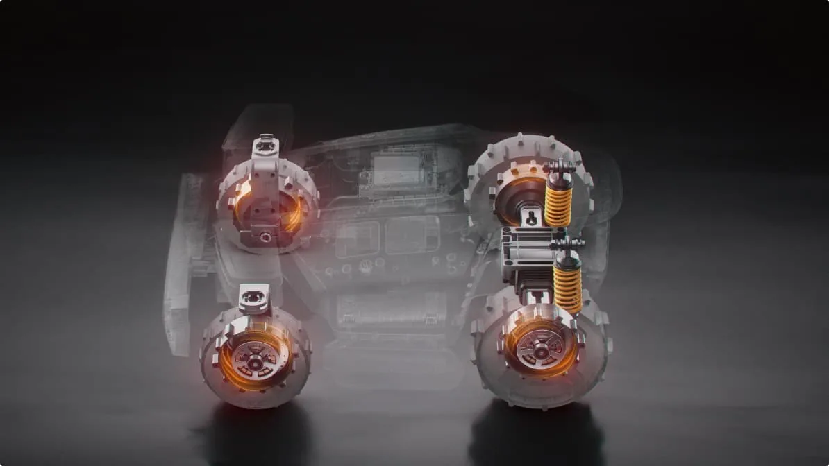Cutaway render of the roborock RockMow X120H LiDAR chassis showing all four driven wheels and coil spring suspension