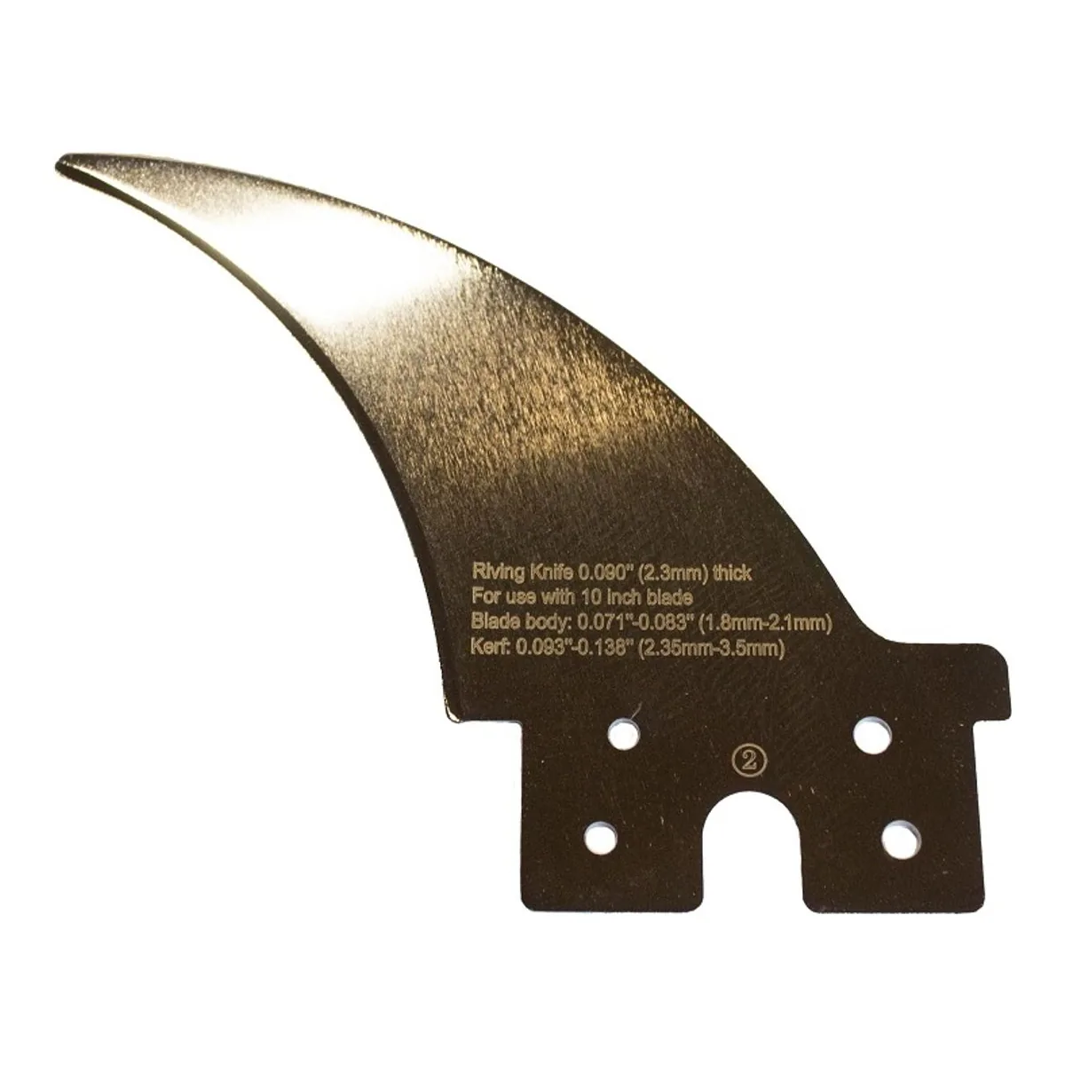 SawStop CNS175 2.3 mm riving knife, etched with its own thickness and the blade body and kerf range it fits